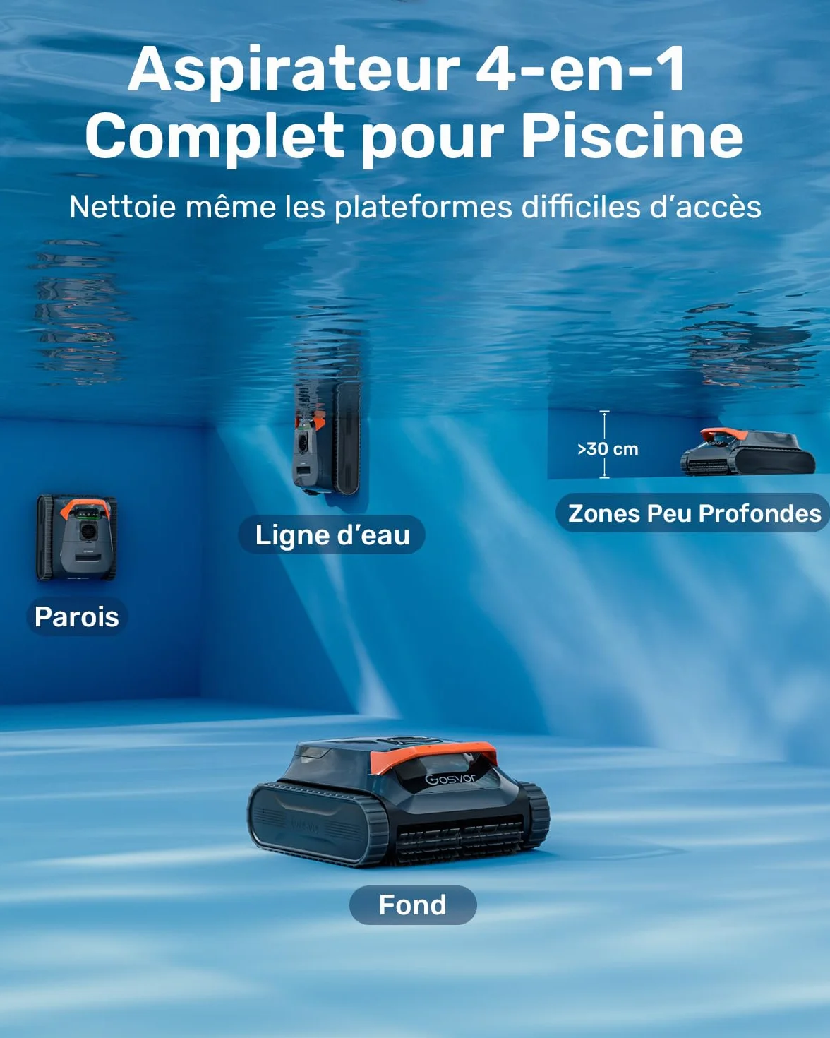 Gosvor LiteVac G1 Robot Piscine Sans Fil Fond et Parois, Navigation WavePath, Filtration 3 μm, 4-en-1, Aspiration 15 000 L/h, Contrôle App, jusqu'à 200 m²