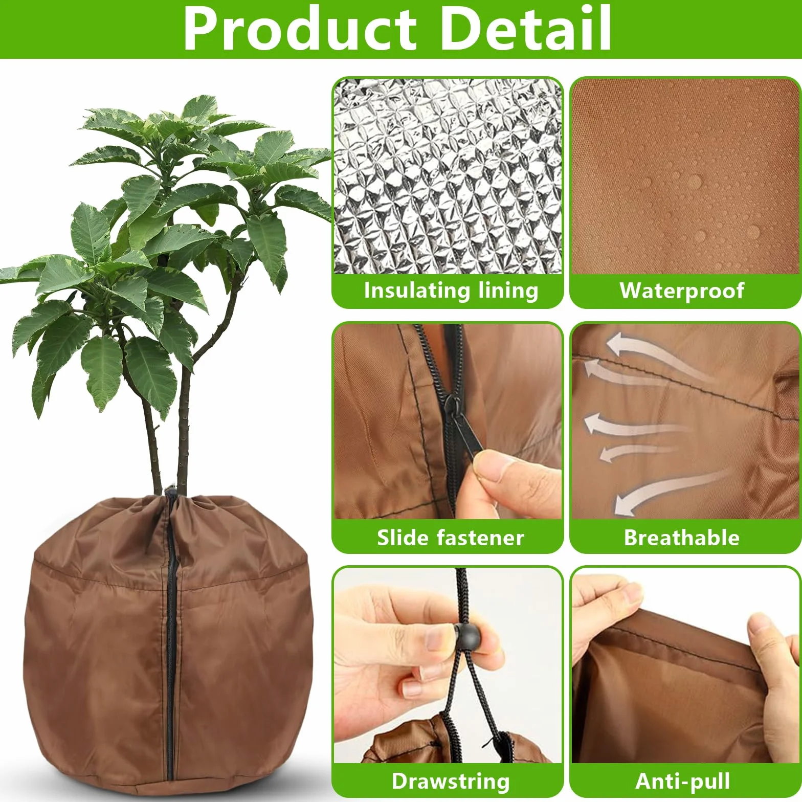 Protection Pot de Fleur Hiver 50x45cm Sac Antigel avec Fermeture Éclair Cordon de Serrage Tapis de Coco Brun