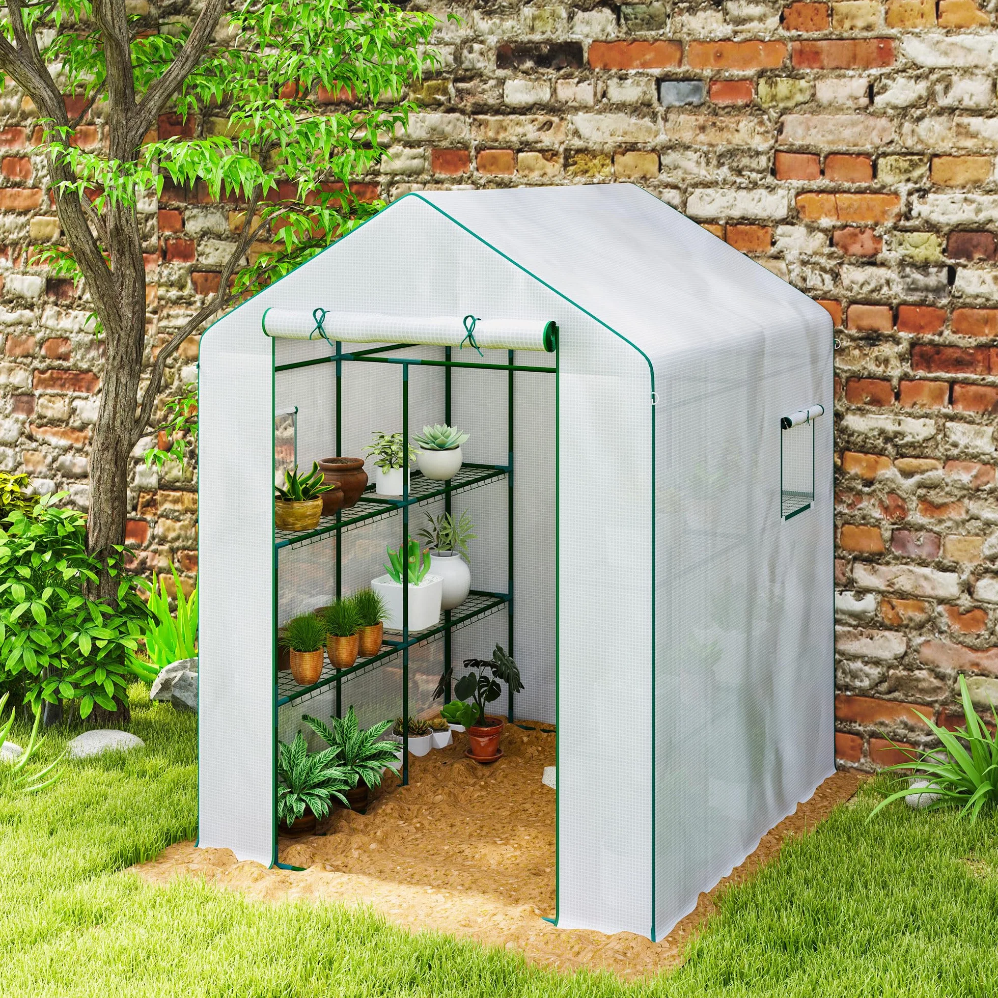 Outsunny Serre de Jardin PE 3 Niveaux 135 g/m² Anti-UV Acier 140x143x190cm Blanc