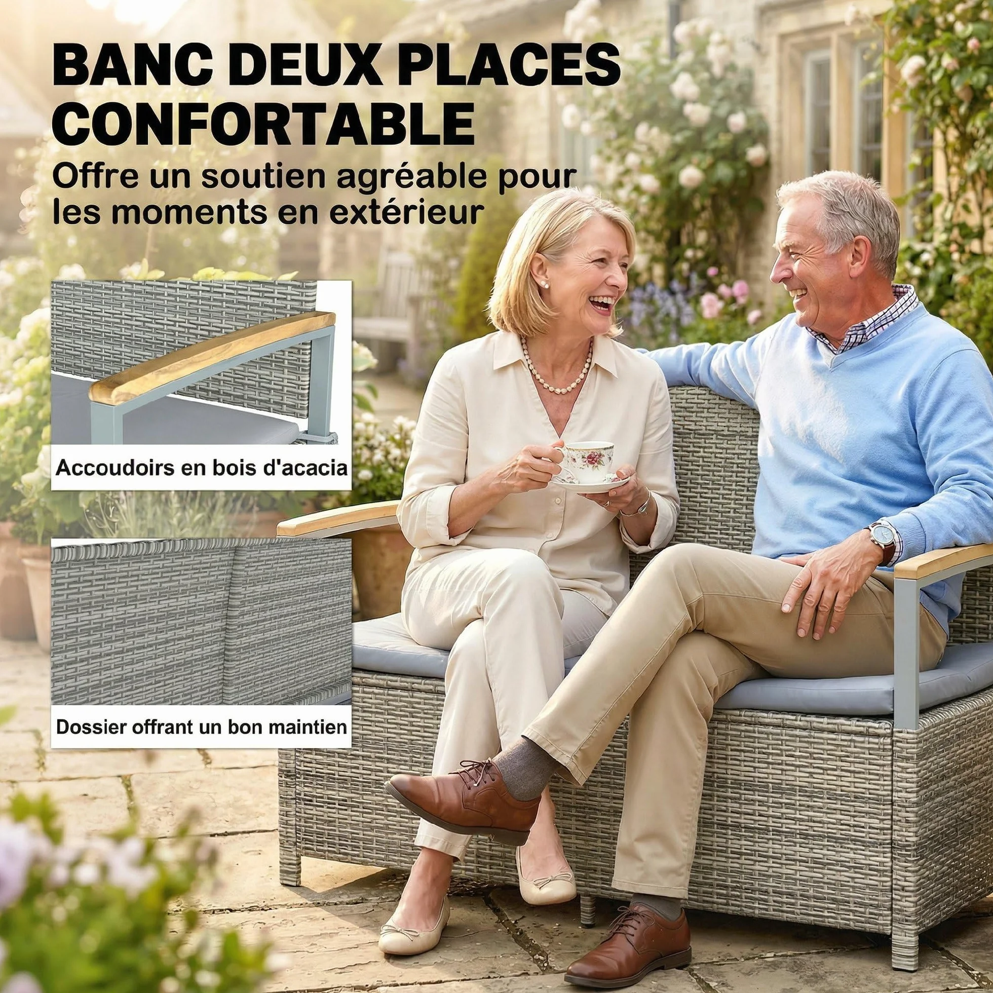 Banc de Jardin avec Coffre de Rangement 170L Outsunny Banquette 2 Places Résine Tressée Coussin Déhoussable Accoudoirs Bois d'Acacia Vérin à Gaz Gris