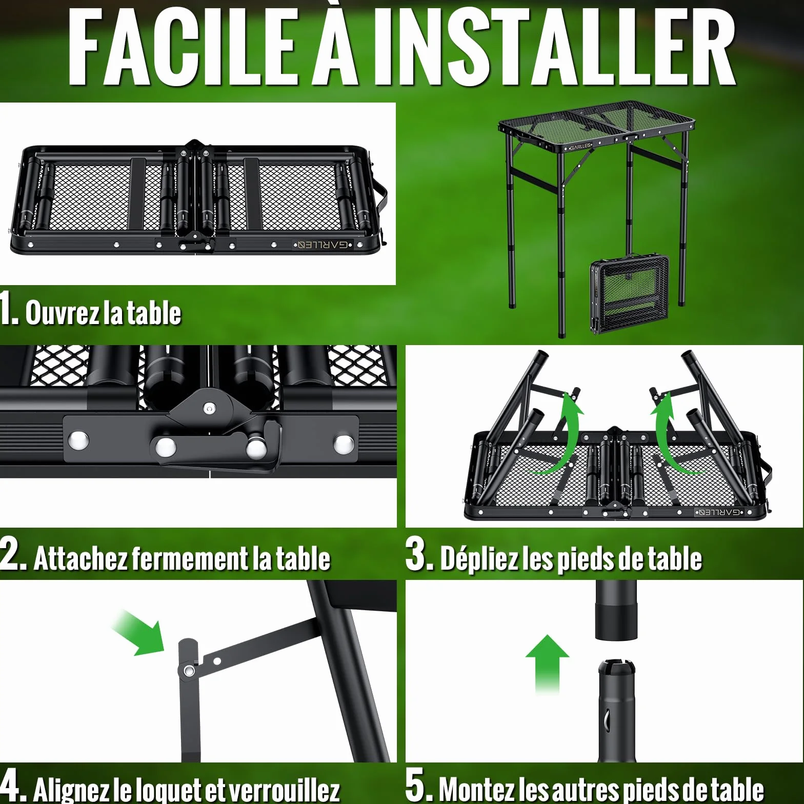 GARLLRN Table de Barbecue Pliante 0,6m 3 Hauteurs Réglables 26/48/70cm Camping Légère Maille Résistante à la Chaleur