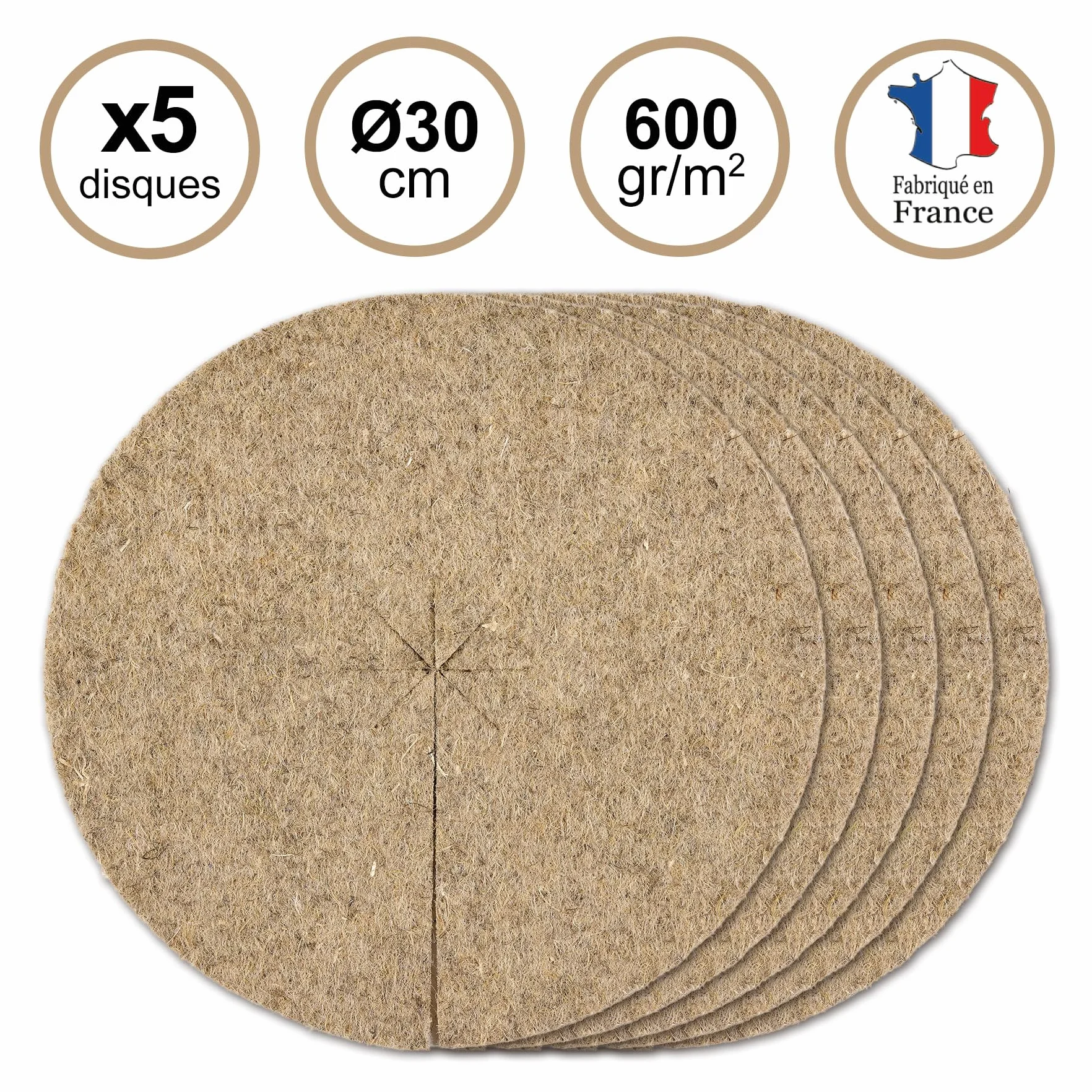 Lot 5 Disques de Paillage Naturel 30cm Feutre de Chanvre 600 g/m² Protection Mauvaises Herbes Marron