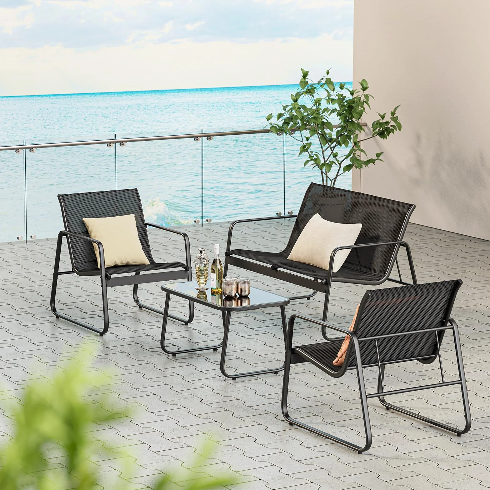 Bealife Ensemble de Meubles de Jardin 4 Pièces Salon de Jardin Métal Textilène 3 Fauteuils Table Verre Noir