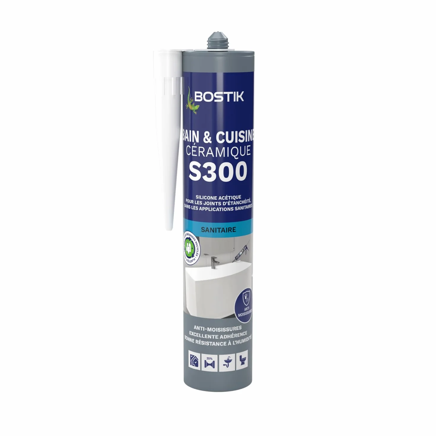 Bostik S300 – Mastic Silicone Etanchéité Bain et Cuisine – Traité Anti Moisissure – Facile à Lisser – Résiste aux Produits d'Entretien – Blanc – Cartouche de 300 ml