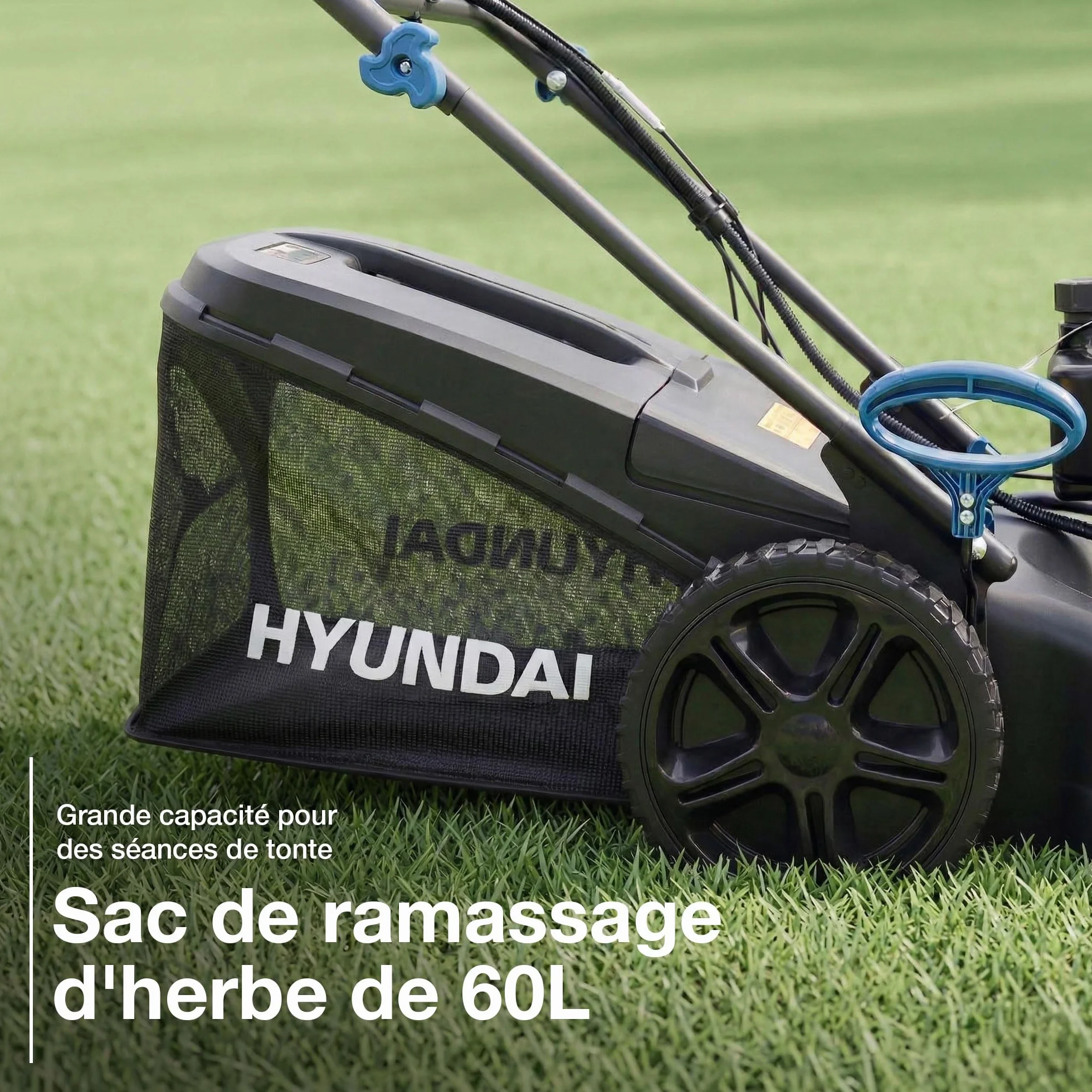 Hyundai Tondeuse à Gazon Thermique 51 cm Autotractée Démarrage Électrique Moteur 4-Temps 196 CC 4-en-1 Mulching Bac 60 L