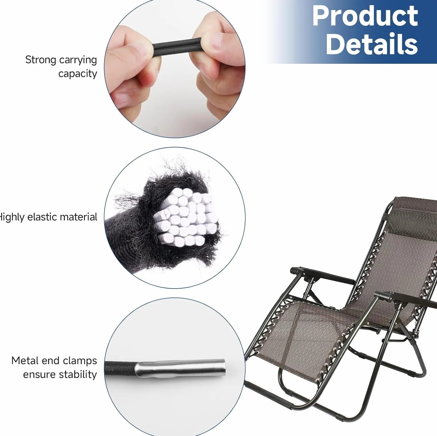 Élastiques de Rechange pour Transat Lafuma, Corde Remplacement Fauteuil Relax Zero Gravity, Chaise Longue Résistant (Noir)
