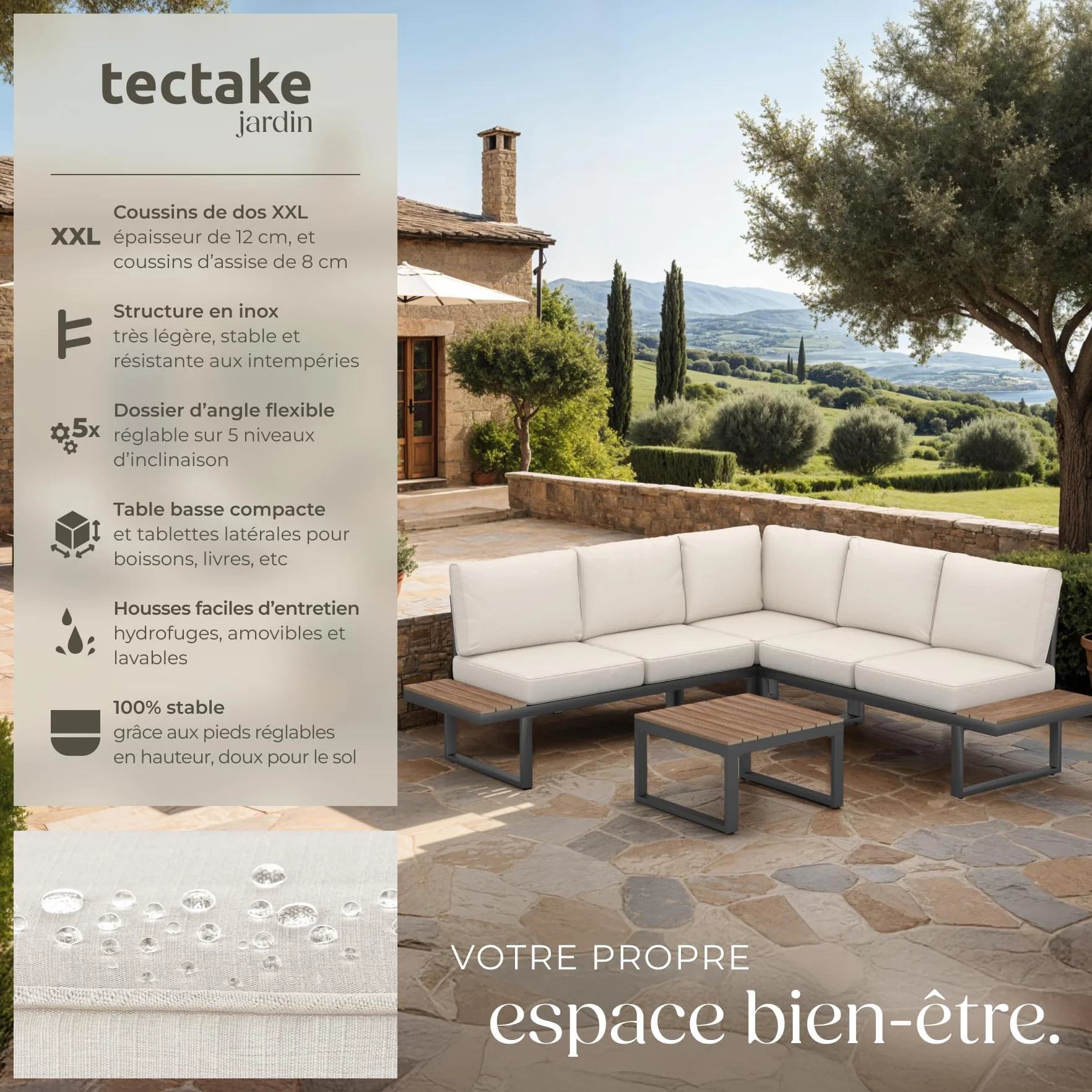 Tectake Ensemble Salon de Jardin Aluminium 5 Places Canapé Table Coussins Inclus
