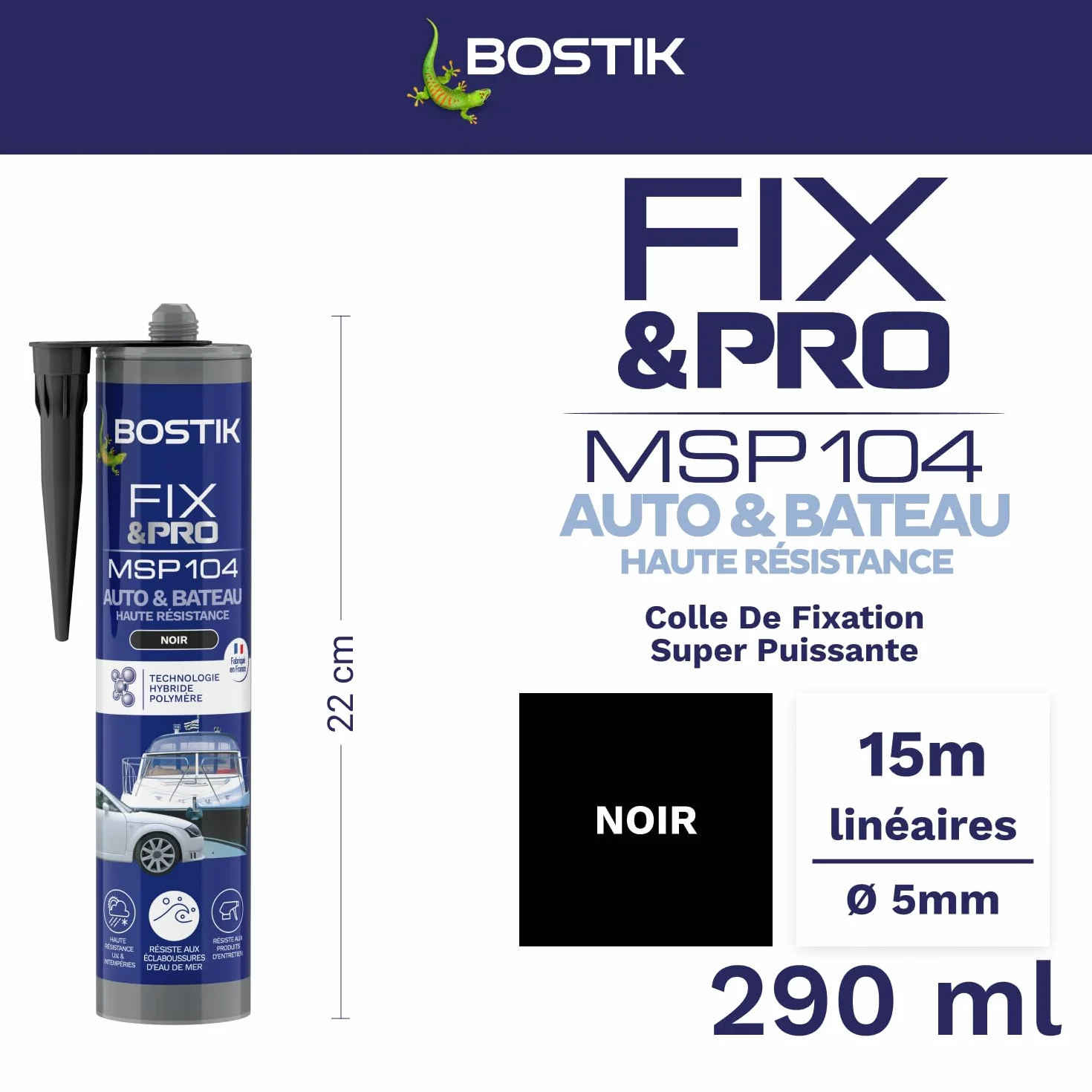 Bostik FIX&PRO MSP 104 Noir – Mastic Colle et Joint Auto, Bateau, Camping Car – Tous matériaux – Résiste aux UV, Intempéries et à l’Eau de Mer – MS Polymère – 290ml