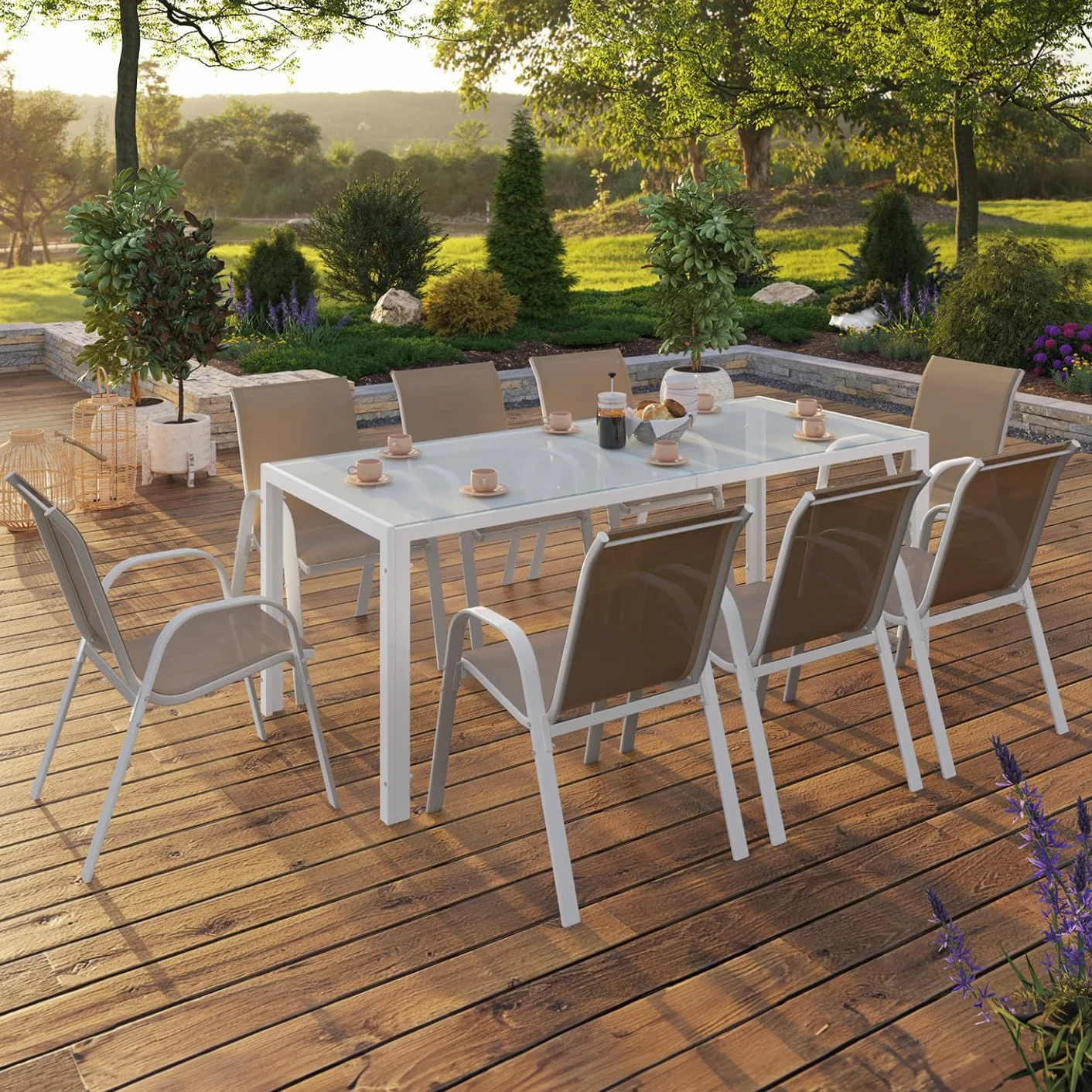 Salon de Jardin Madrid Table 190 cm 8 Chaises Empilables Blanc Beige