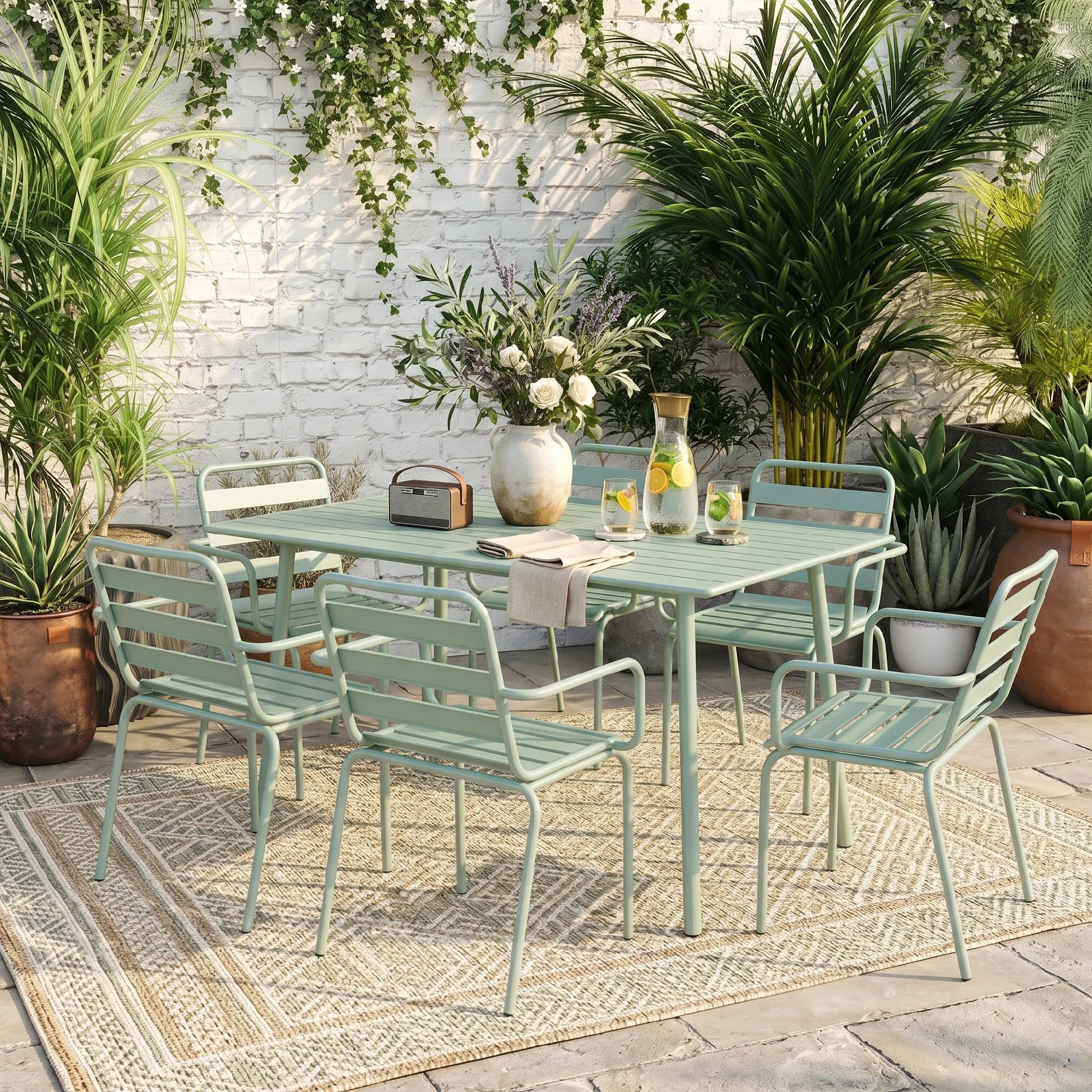 Outsunny Salon de Jardin 7 pièces Table et Chaises empilables Acier Vert Clair