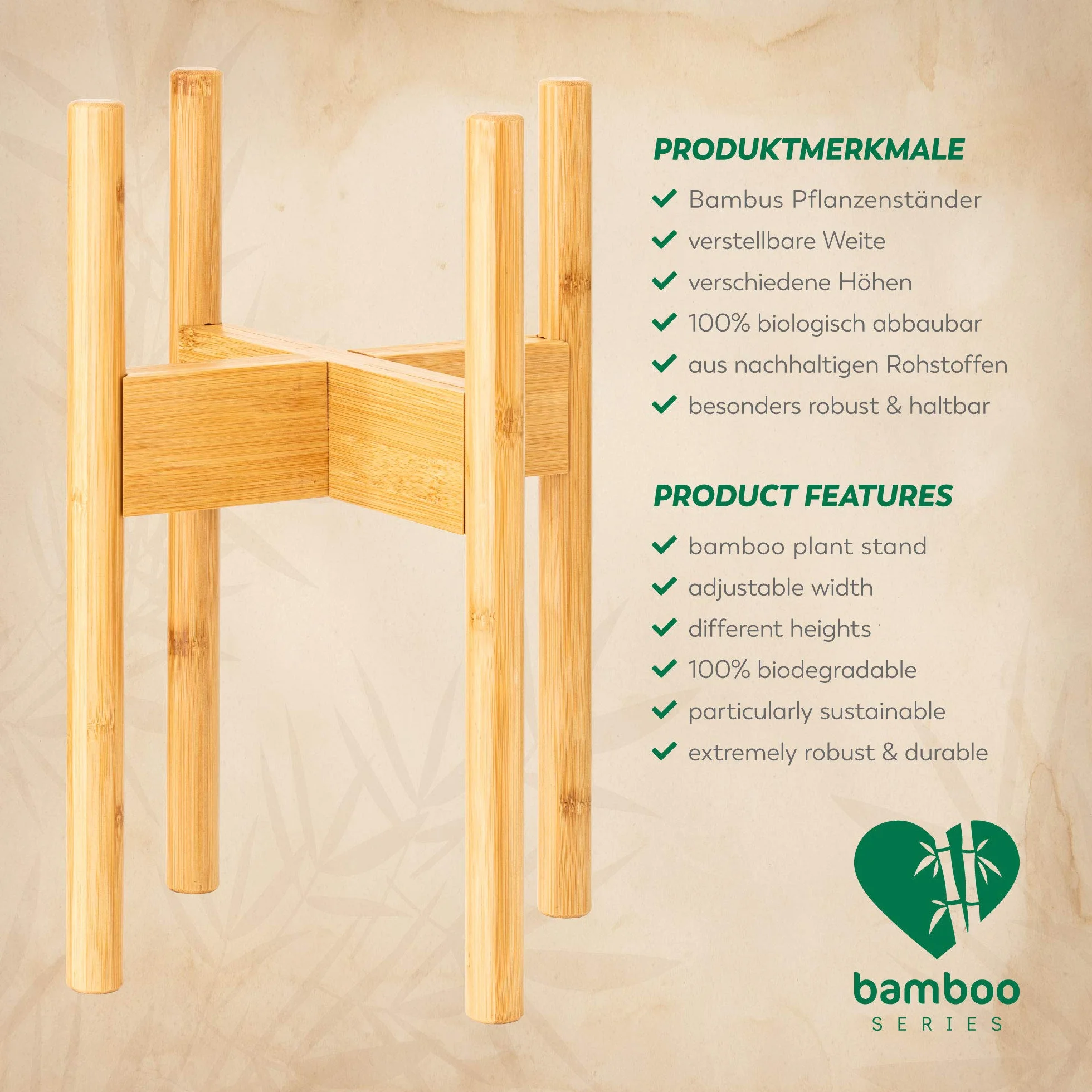 Rubberneck Support de Plantes en Bambou Réglable pour Pots de Fleurs Intérieur Extérieur Beige