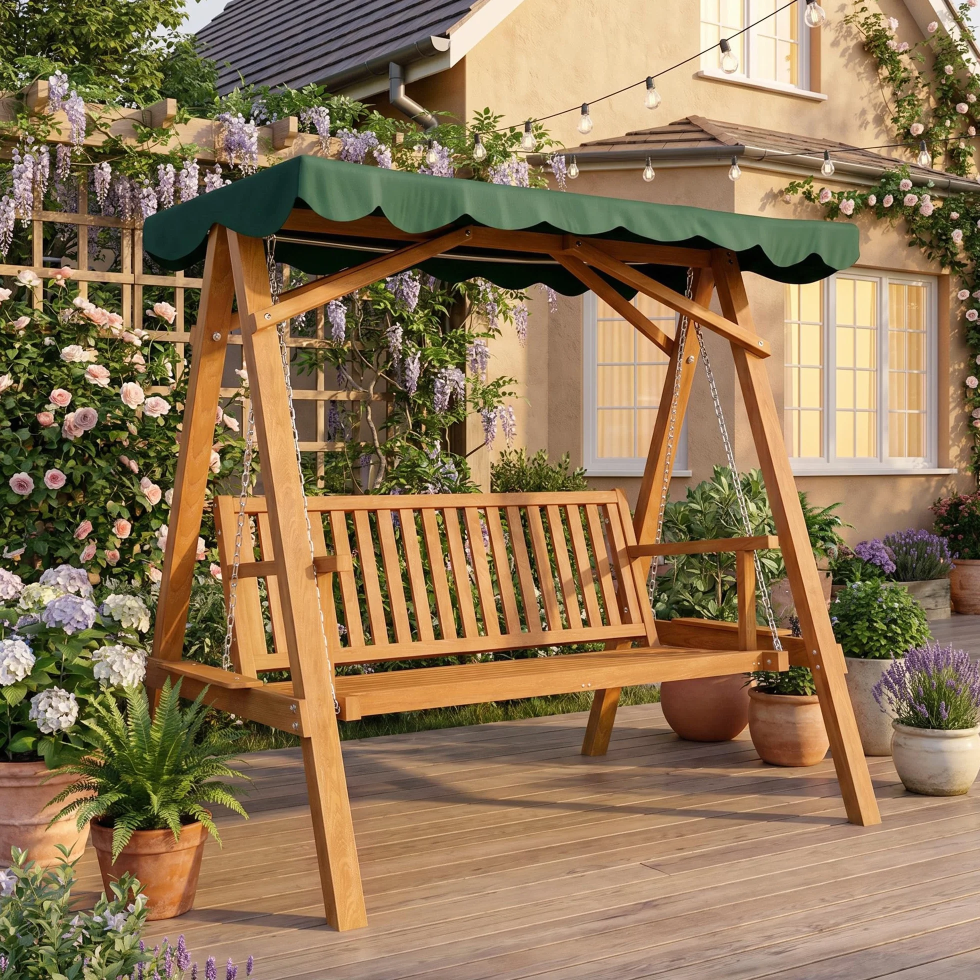 Outsunny Balancelle de Jardin 3 Places Toit imperméabilisé 360 Kg Bois de pin Vert