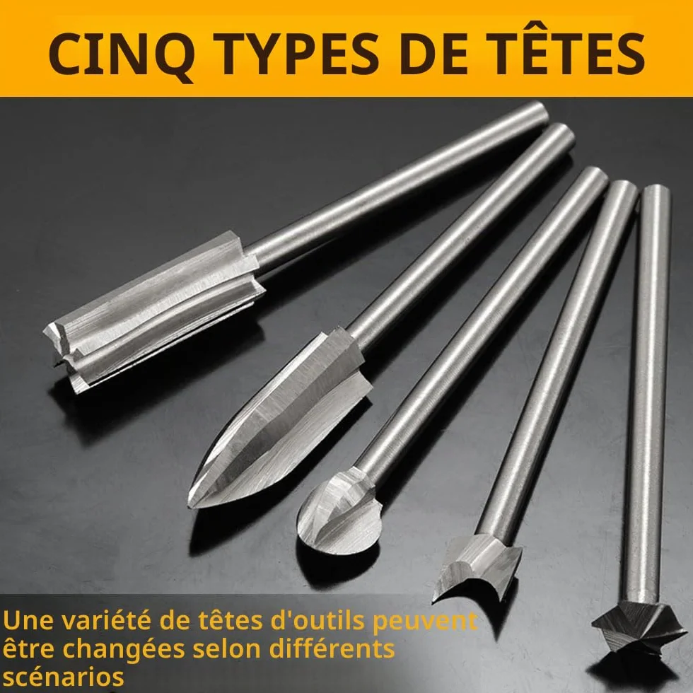 Jeu de Mèches Sculpture Bois Compatible Dremel, 5 Pièces Tige 1/8" pour Gravure Bois