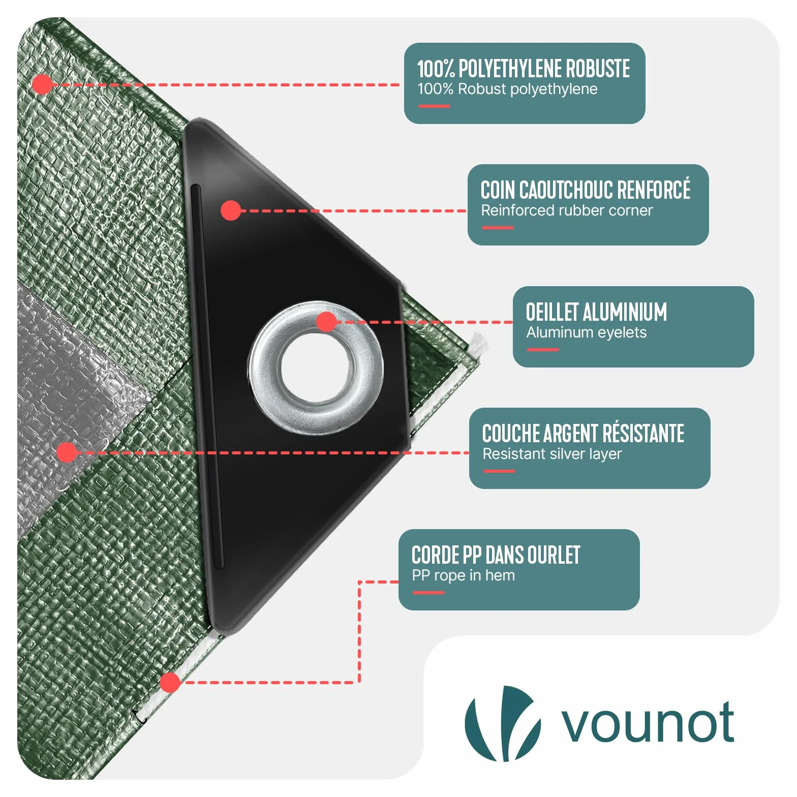 VOUNOT® Bâche de Protection en Polyéthylène 240g/m² Imperméable Ultra Lourde et Résistante Revêtue des Deux Côtés avec Oeillets en Aluminium Vert et Argent 4x6m