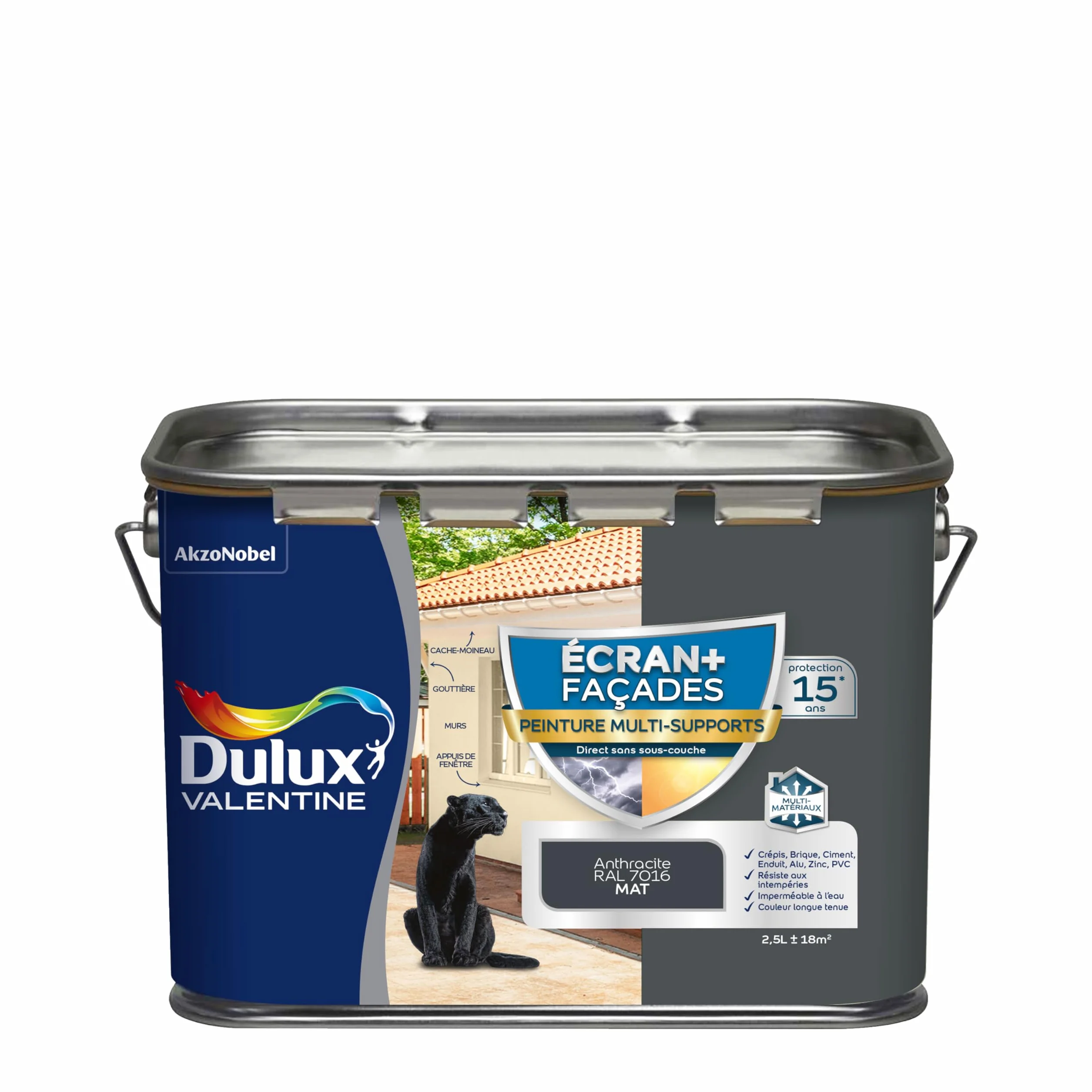 Dulux Valentine Peinture Ecran+ Multi-Supports Extérieure Façades - Crépis, Briques, Ciment, Enduit, Alu, Zinc, PVC - Couleur Longue Tenue - Mat Gris Anthracite 2,5L