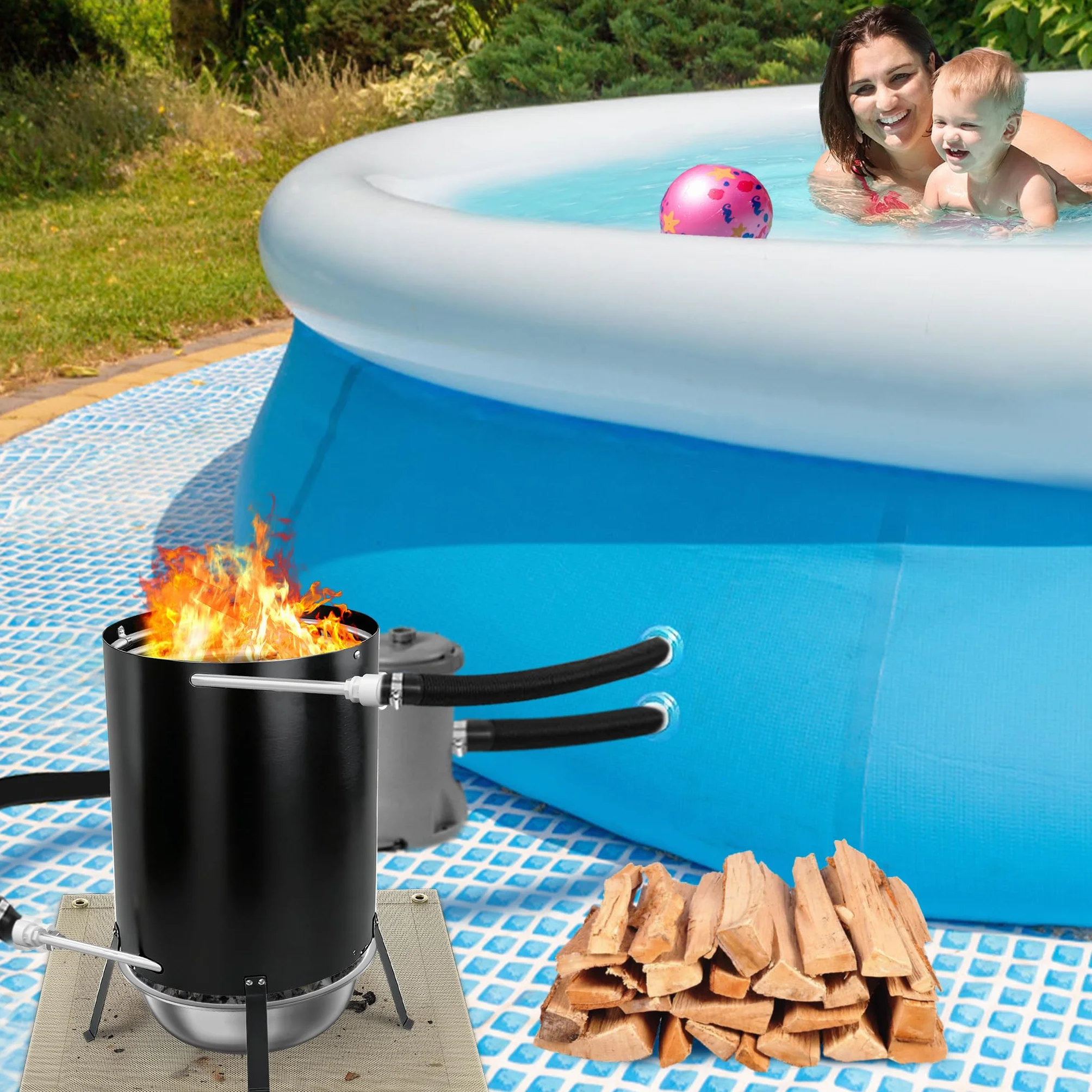 Chauffage de piscine avec feu, acier inoxydable, tonneau à bois, spirale chauffante, poêle de piscine