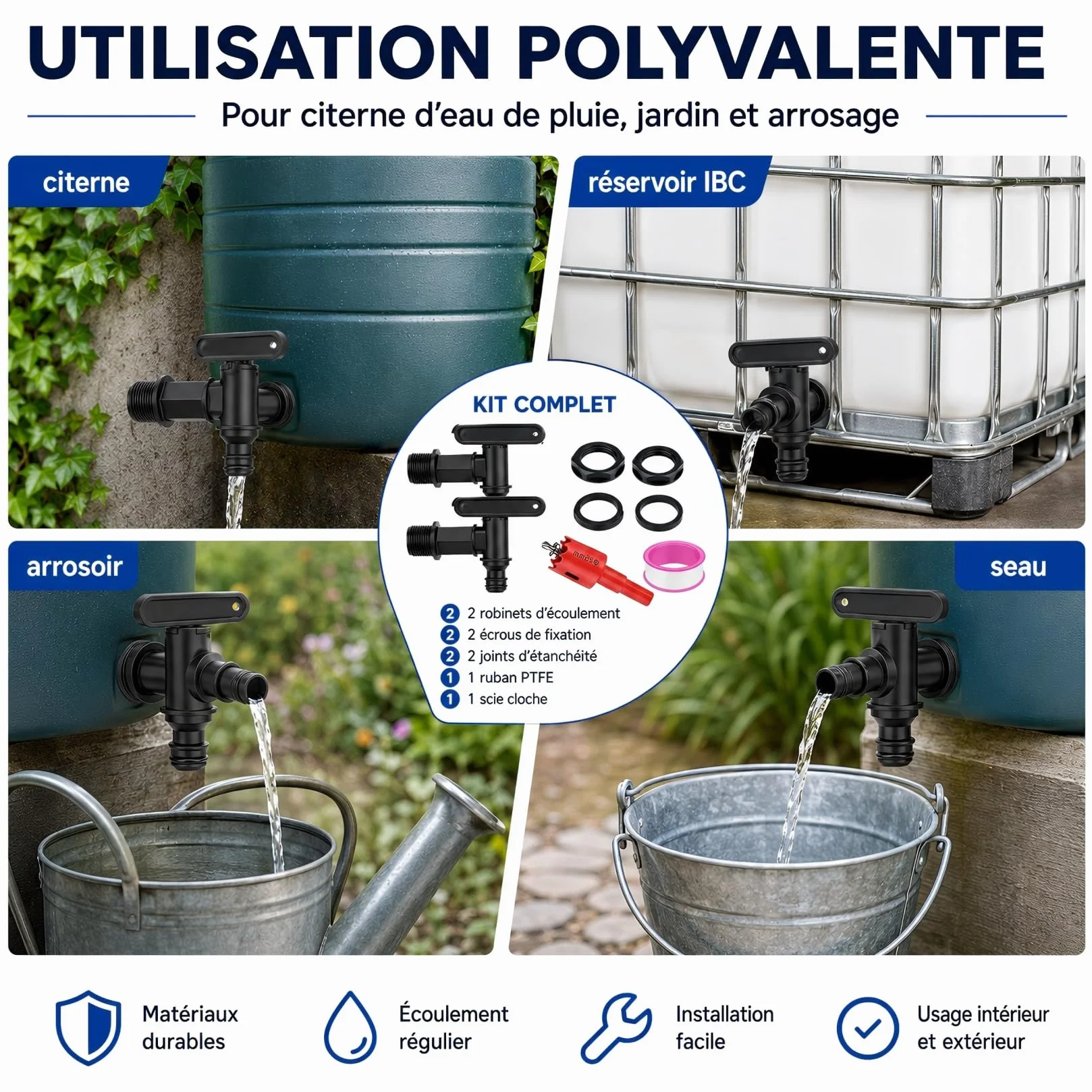 Robinets d'écoulement pour Citerne d'eau de Pluie, Lot de 2, Robinet en Plastique avec Joint, Adaptateur 3/4"