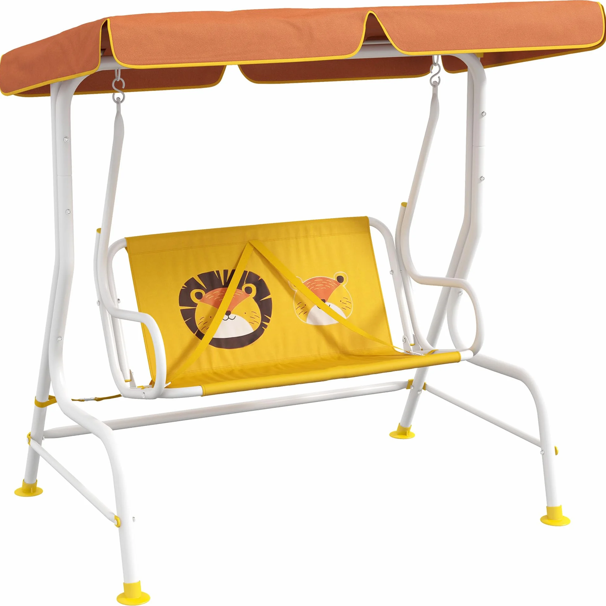 Outsunny Balancelle de jardin extérieure à 2 places motif lion, tente d'angle réglable, 60 kg, 110 x 70 x 110 cm, jaune