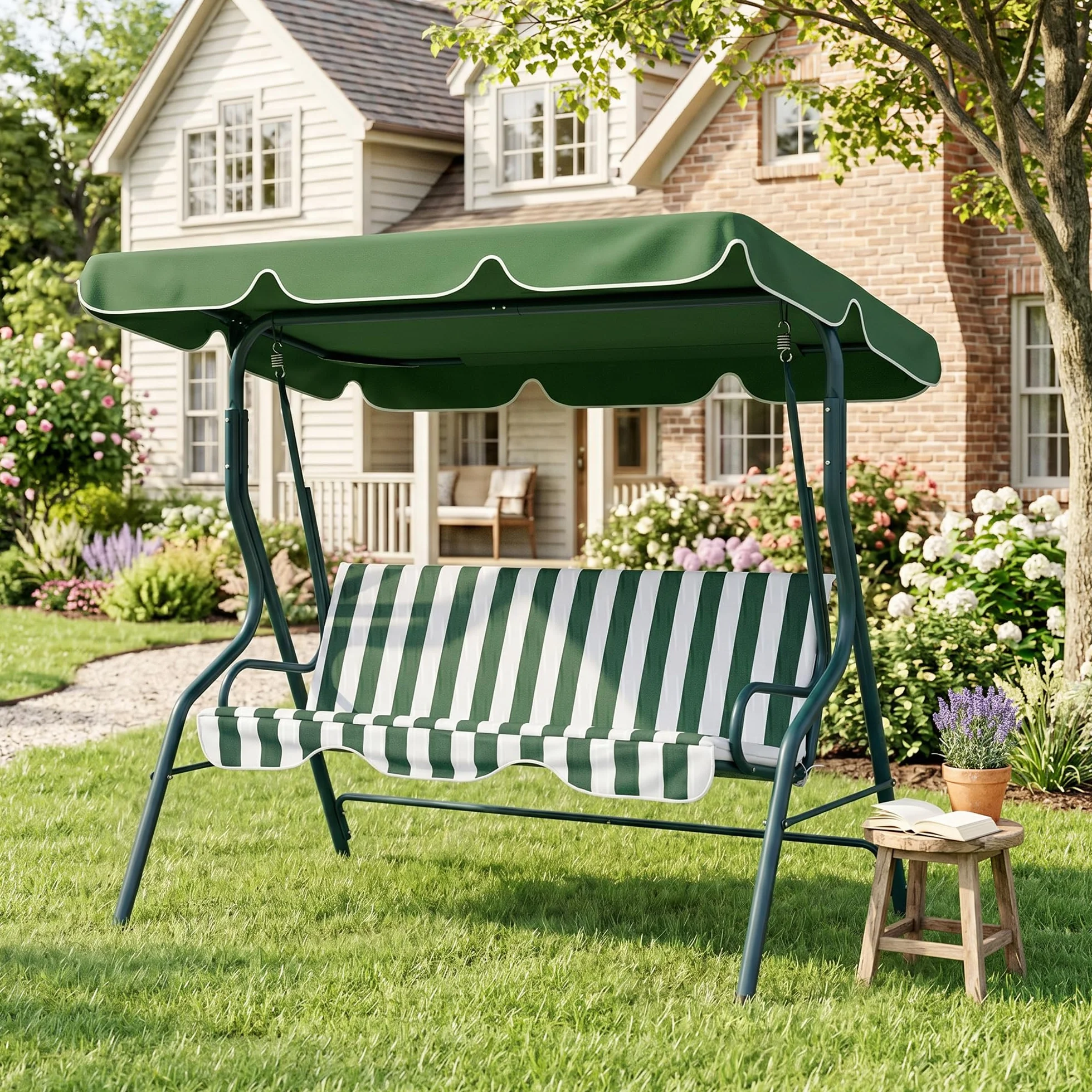 Outsunny Balancelle de Jardin 3 Places Toit imperméabilisé Inclinaison réglable Acier Polyester Vert Blanc rayé 1,7L x 1,1l x 1,53H m