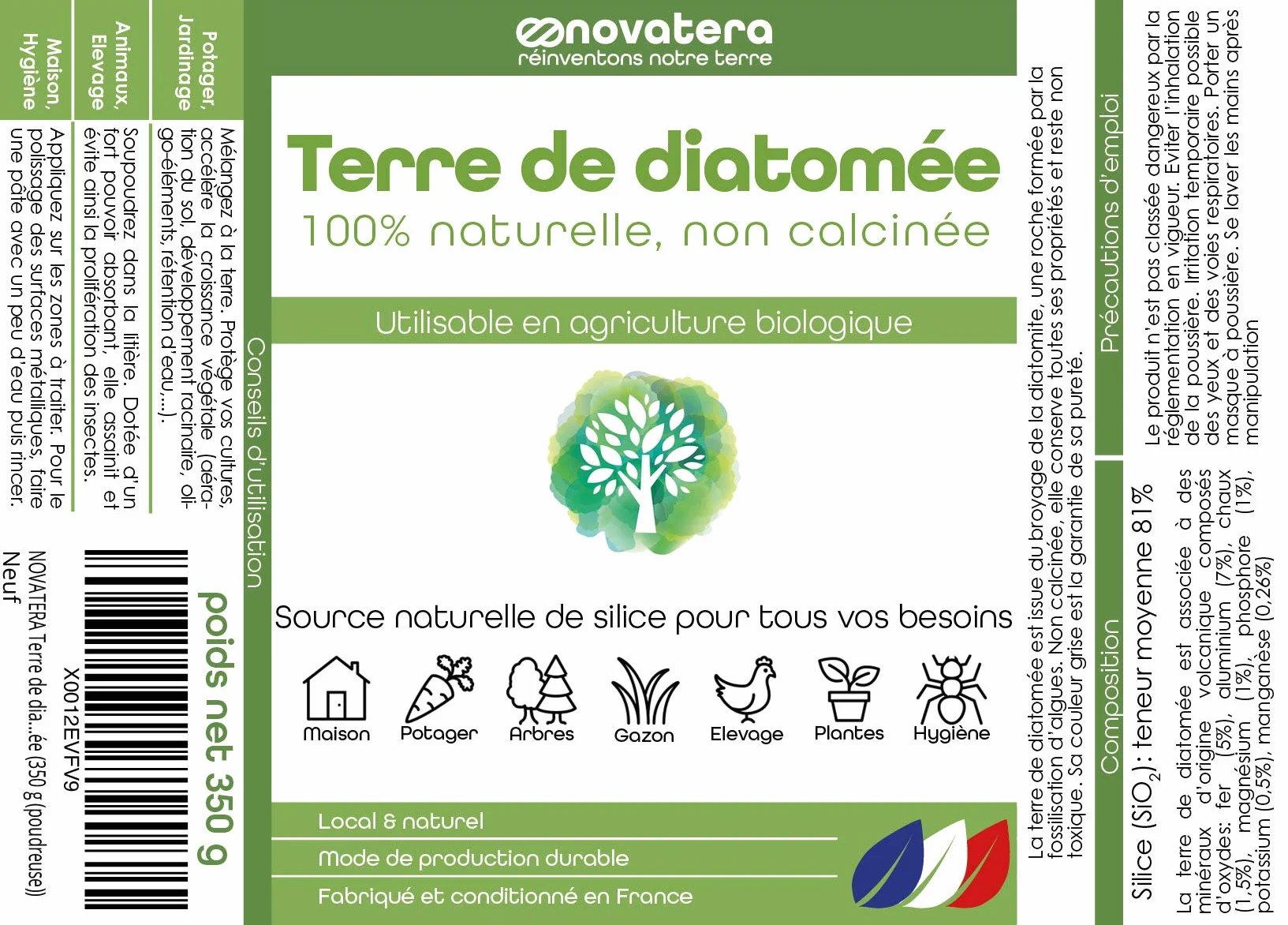 NOVATERA Terre de Diatomée Naturelle 100% extraite et conditionnée en France Ultrapure Non Calcinée Certifiée Agriculture Biologique Poudreuse 300g