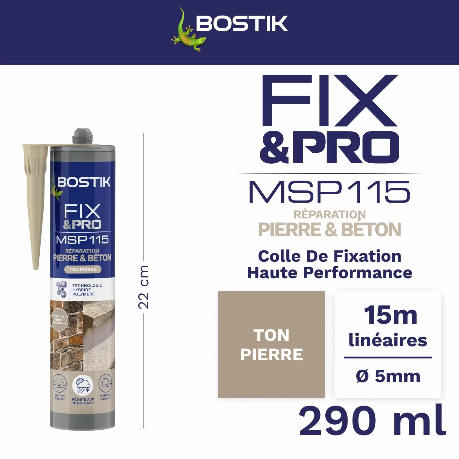 Bostik FIX&PRO MSP 115 – Ton Pierre – Mastic Colle et Joint Pierre Et Beton – Intérieur/Extérieur – Réparation de Pierre, Béton, Ciment, Brique ... – MS Polymère – 290 ml