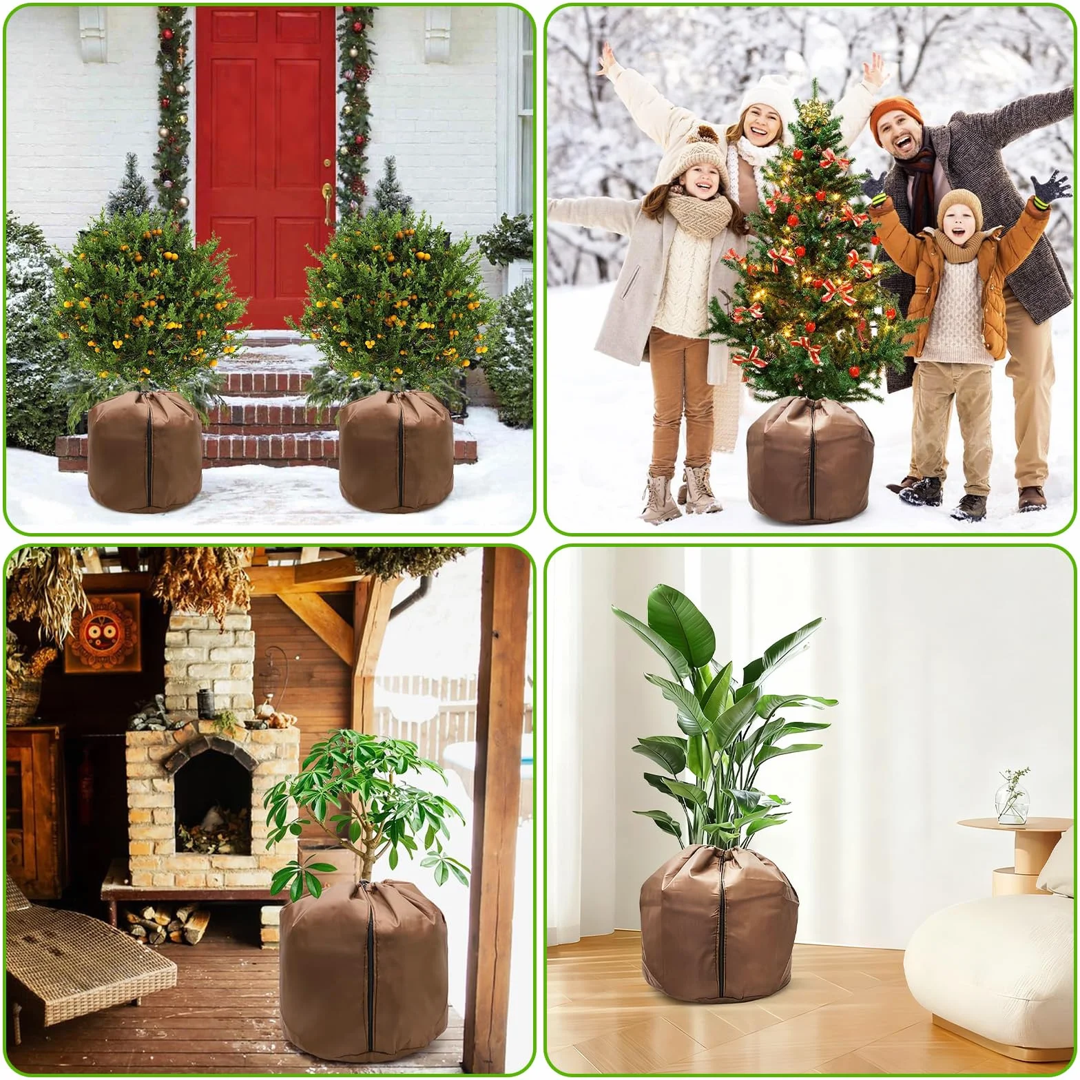 Protection Pot de Fleur Hiver 50x45cm Sac Antigel avec Fermeture Éclair Cordon de Serrage Tapis de Coco Brun