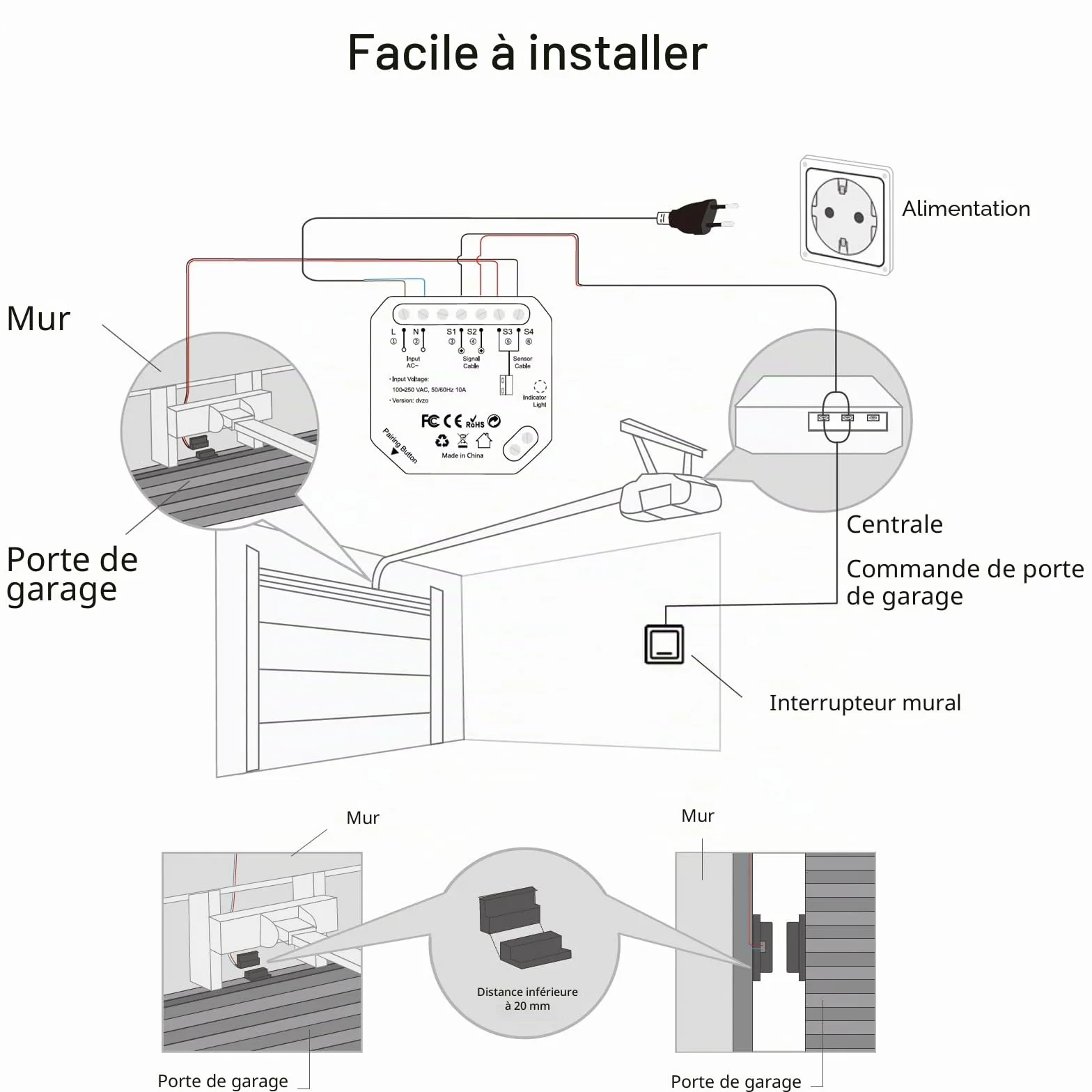 LoraTap Smart Wi-Fi Ouvre-porte de garage et contrôleur - Module relais avec capteur Reed pour le contrôle de l'application (Smart Life/Tuya), commande vocale avec Alexa et montage facile en 15