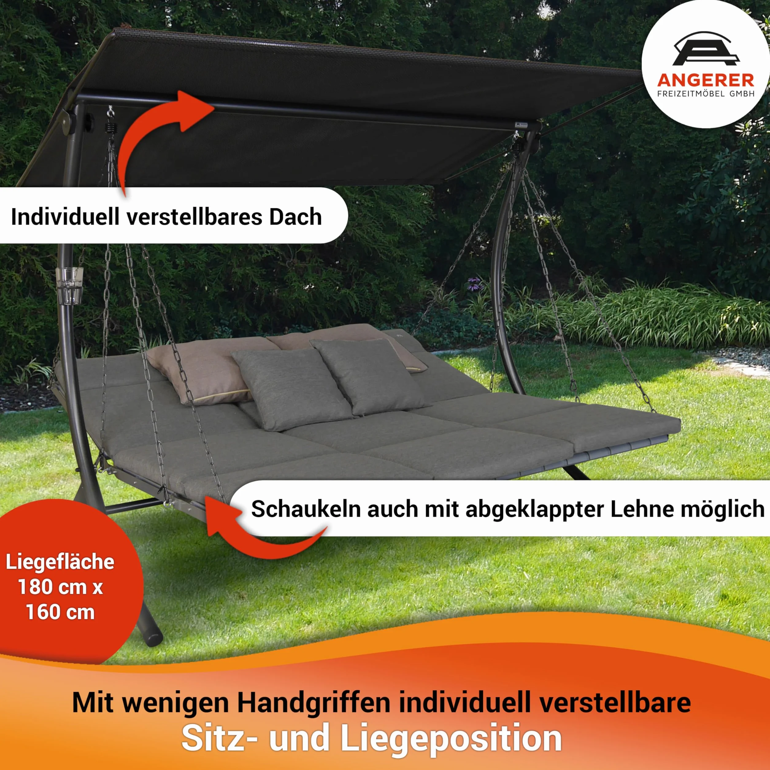 Angerer Balancelle Deluxe 3 Places Jardin Acier Galvanisé Toit Textilène Coussins Lavables Position Réglable Vert Clair