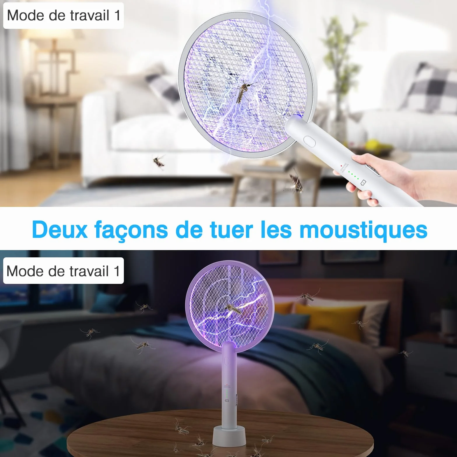 PALONE Raquette Electrique Insectes 4000V Rechargeable USB Anti Moustique Intérieur Extérieur Blanc