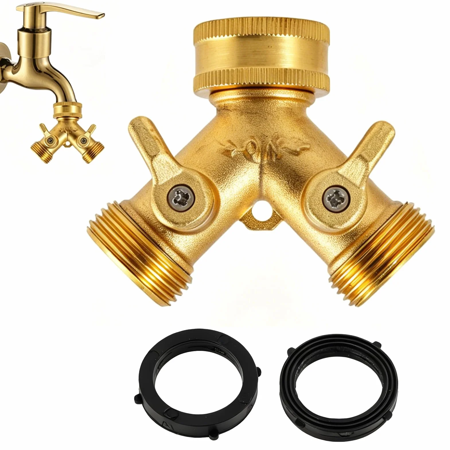 Robinet Double Sortie en Laiton avec Vannes Indépendantes, Répartiteur d'Eau Antifuite pour Arrosage et Jardinage