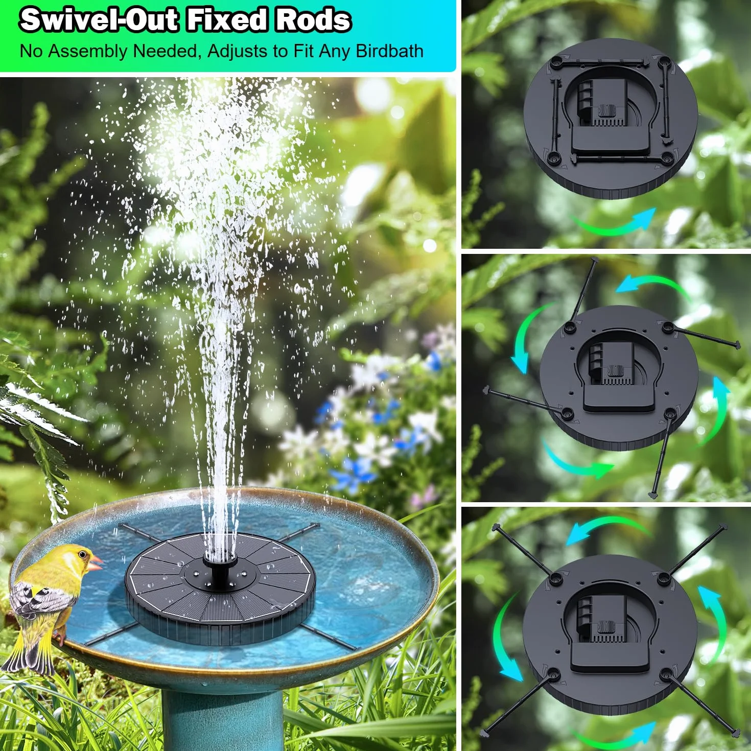 Fontaine Solaire LED Colorée 3.5W Extérieur Flottante Pompe Bassin Solaire 3 Modes Réglage Hauteur d’Eau 2000mAh Batterie avec 7 Buses&Barres Rotatives Jardin Noir