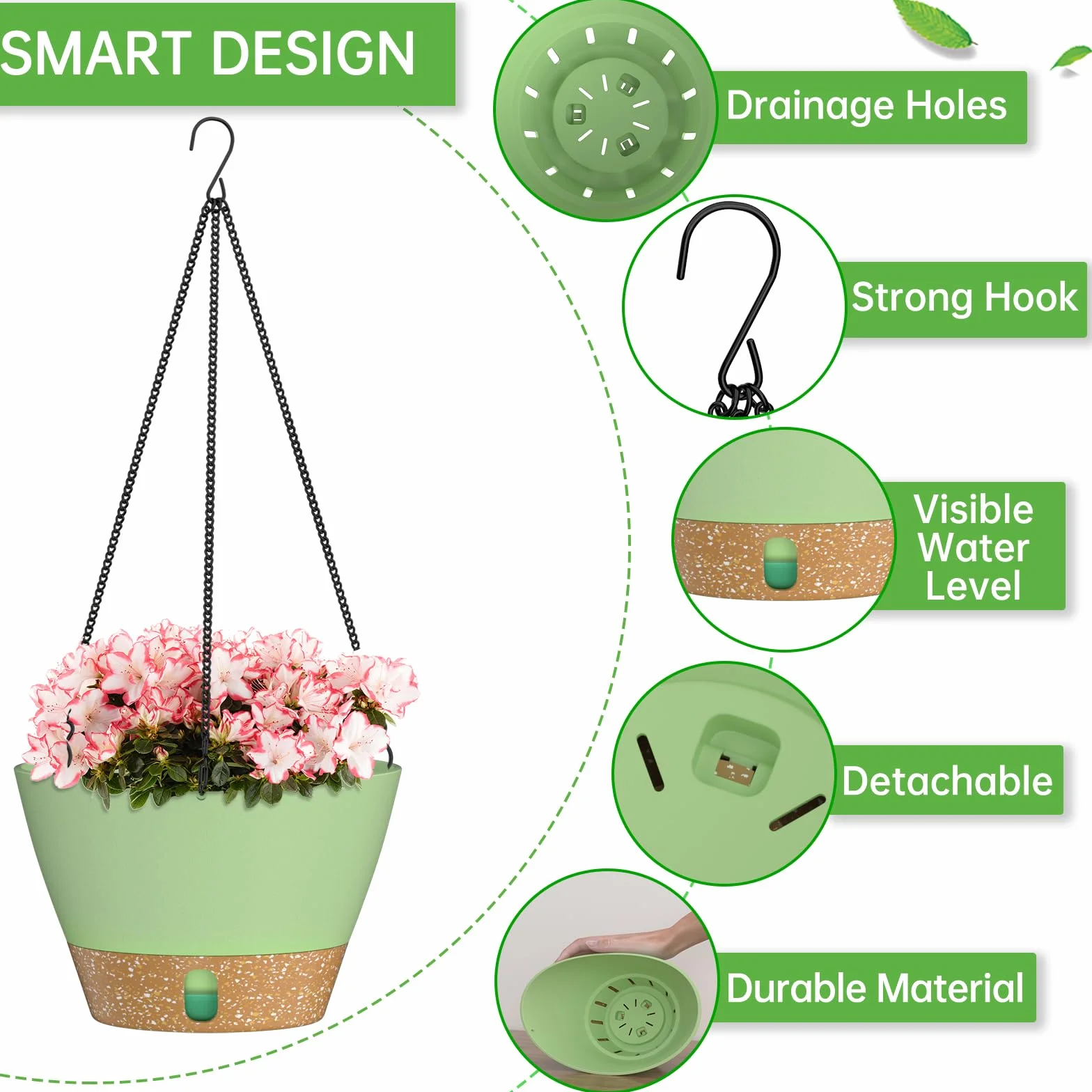 ZMTECH Pot de Fleurs Suspendu 20 cm avec Plateau à Niveau d'Eau Visible, Drainage, Soucoupe, Vert, Lot de 2