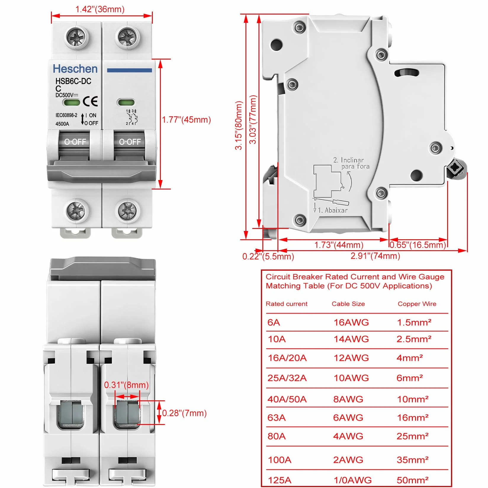 Heschen Disjoncteur miniature CC HSB6C-DC, 2 pôles, DC500 V 32 A, photovoltaïque, système solaire PV, panneau solaire, montage rail DIN 35 mm