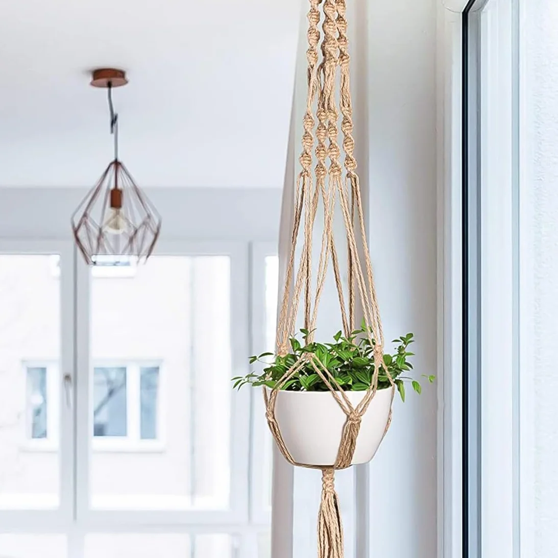 Macramé Pot Suspendu avec Frange, Porte Pot de Fleurs Suspension Plante pour Décoration Jardin Style Bohême 2 Pièces