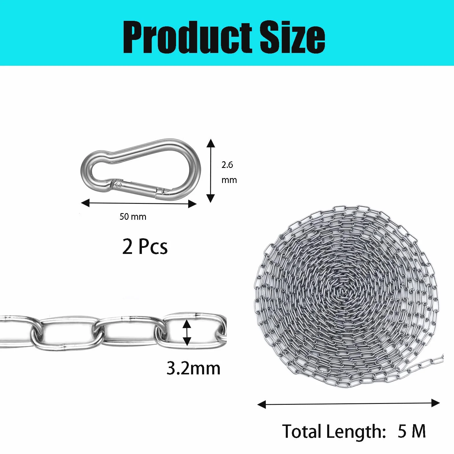 Chaîne en acier inoxydable au mètre, 3,2 mm 5 m Chaîne en acier inoxydable 304 avec mousqueton Chaîne pour suspension Chaîne pour chien Chaîne pour fauteuil suspendu Chaîne d'extension (3,2 mm (5 m))