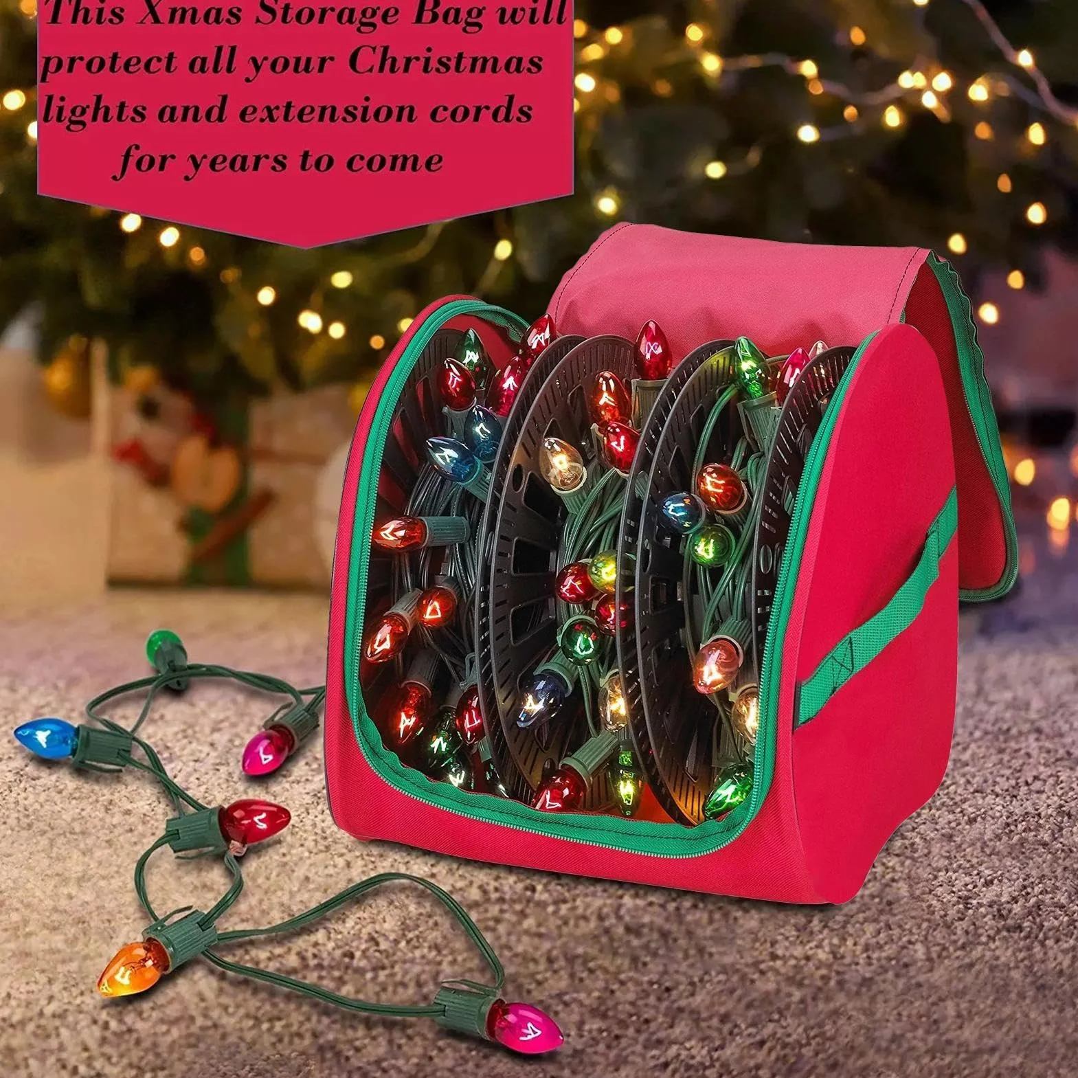 Sac de rangement pour lumières de Noël avec fermeture éclair, support en U, léger