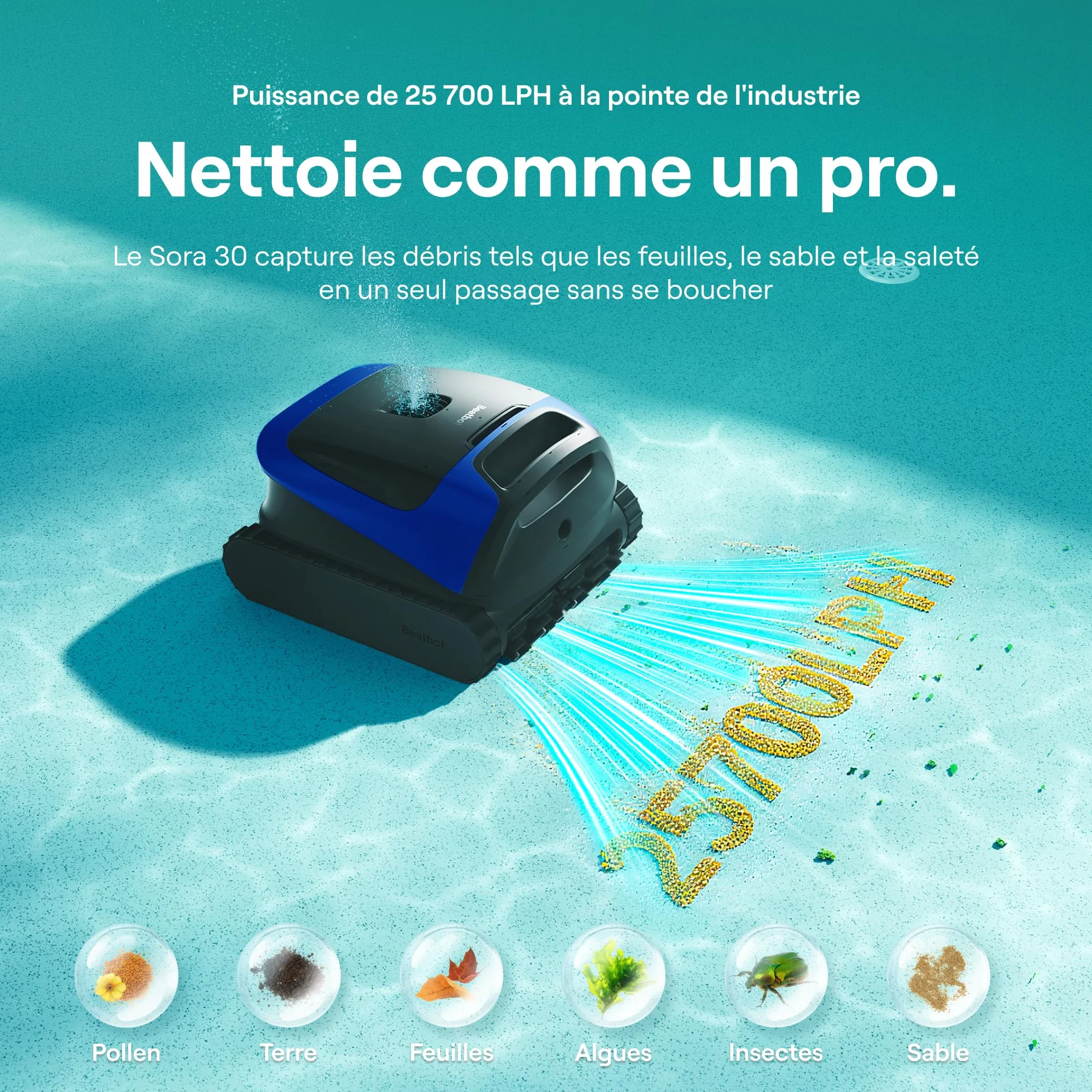 Beatbot Sora 30 Robot Piscine sans Fil, Aspirateur Piscine Puissant, Autonomie 5h, Contrôle Via App
