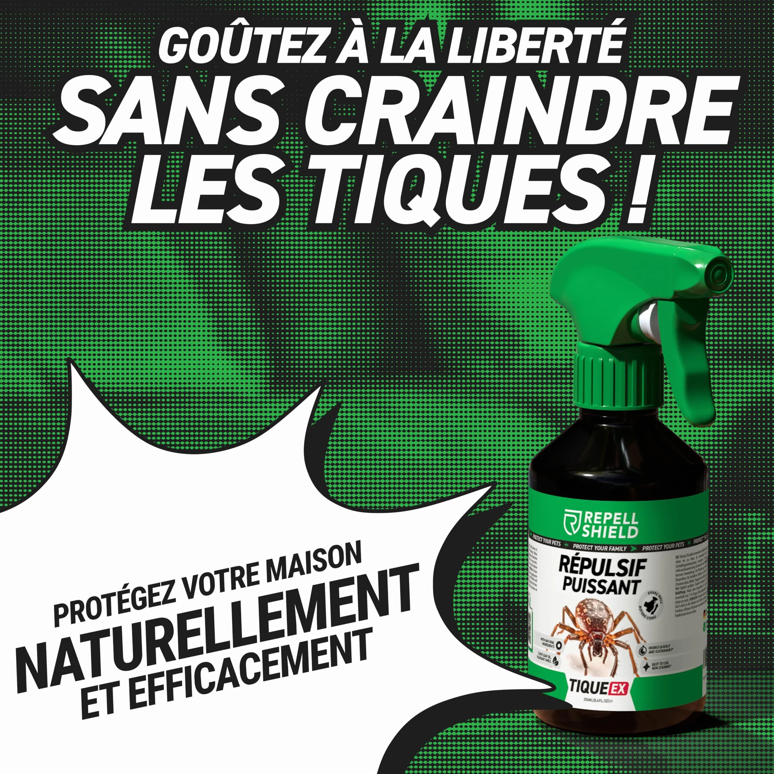 RepellShield® Anti Tique Spray 250ml Protection Cutanée Textile Non Tachant Usage Intérieur Extérieur Huiles Essentielles