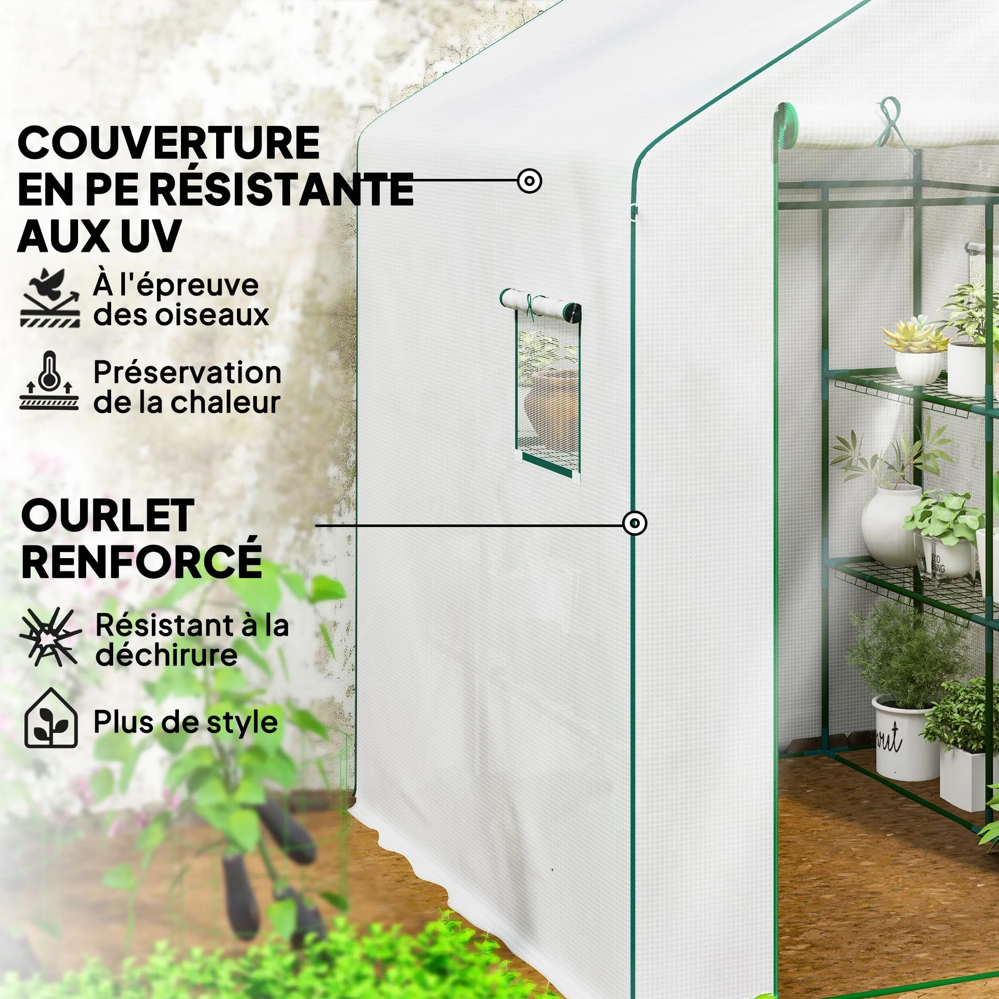 Outsunny Serre de Jardin PE 3 Niveaux 135 g/m² Anti-UV Acier 140x143x190cm Blanc