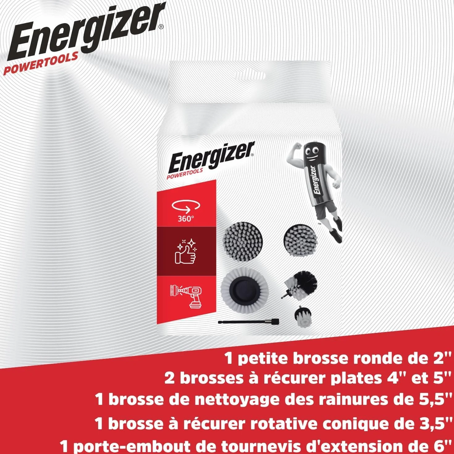 Energizer - Set Brosse Nettoyage Perceuse 6PCS Brosse Perceuse Voiture, Nettoyage, Jantes, Carrelage Tapis, Baignoire, Cuisine, Toilettes, Sol - Rallonge Pratique Incluse