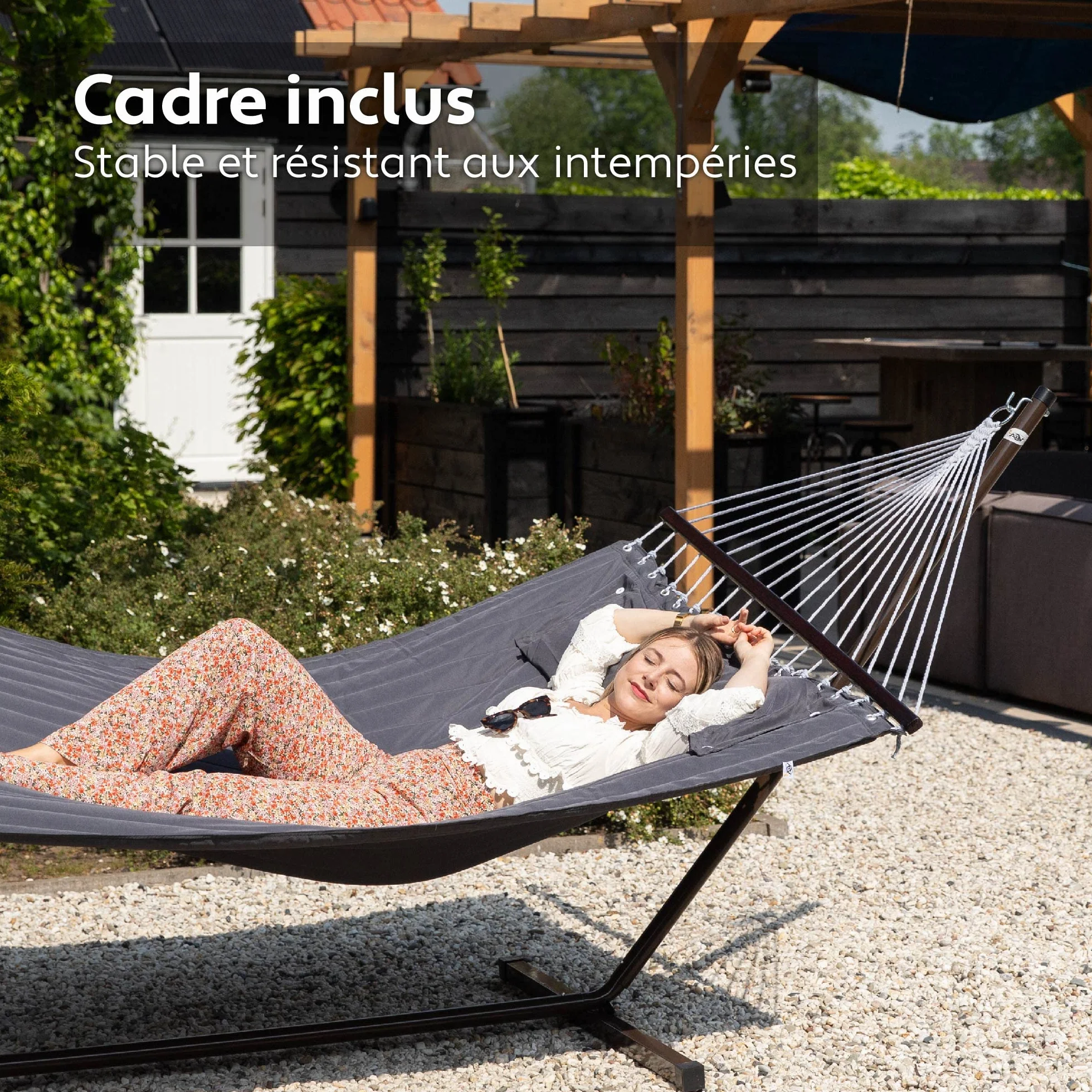Hamac sur Pied 2 Places avec Coussin, Double Portable, Support Acier, Charge 200 Kg, Hauteur Réglable