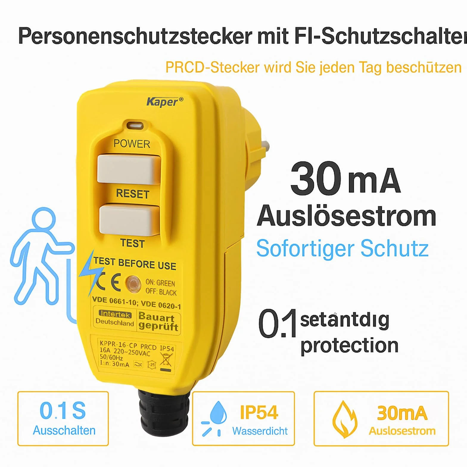 Kaper PRCD Prise de Protection Personnelle, 16 A, 230 V, IP54, Disjoncteur FI Portable avec Courant de Déclenchement de 30 mA, Étanche pour Chantier, Jardin, Camping et Atelier