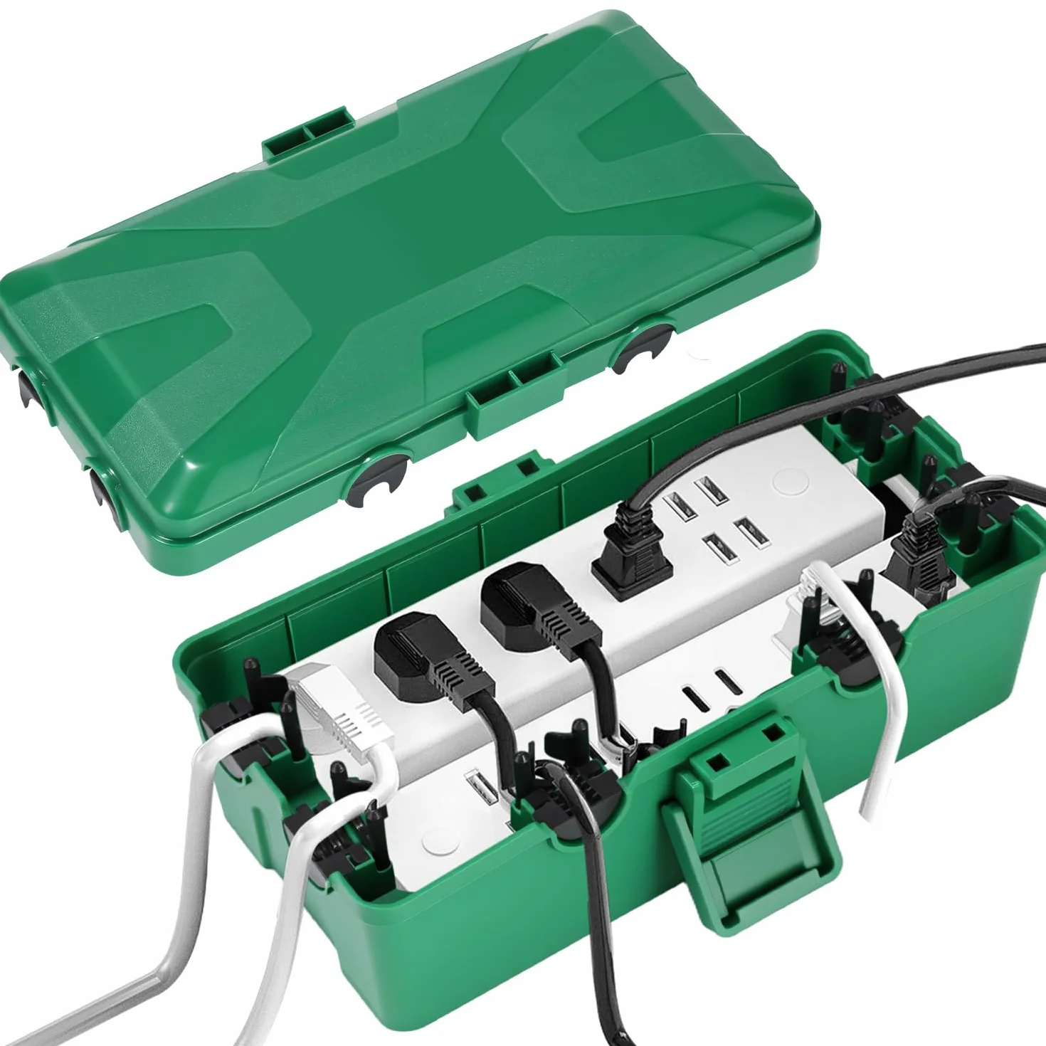 Boîte de Câble Etanche,26.1x15x9.4 CM Boite Etanche,Boite Etanche Electrique Exterieu,6 Entrée de Joint de Câble,IP54 Boite Rangement Cable,pour Timer Outlet Plug,Minuteries,Rallonges,Câbles,Vert