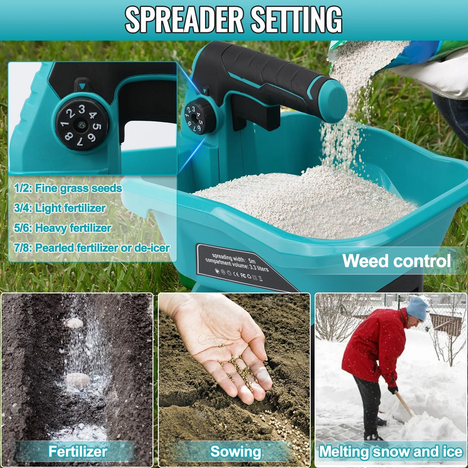 Makita 18 V Épandeur d'engrais Portable 3,7 L Réglage de Vitesse 6 étapes Couvert 800 m²