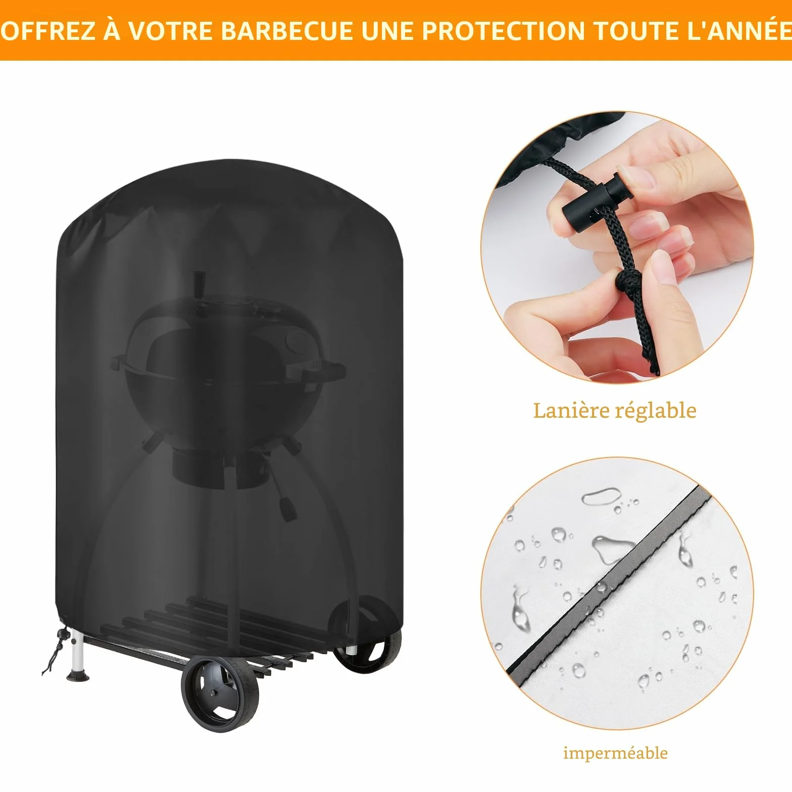 Housse Barbecue Exterieur Rond 210D Oxford Anti-UV Anti-l'eau Ø61x72cm Noir