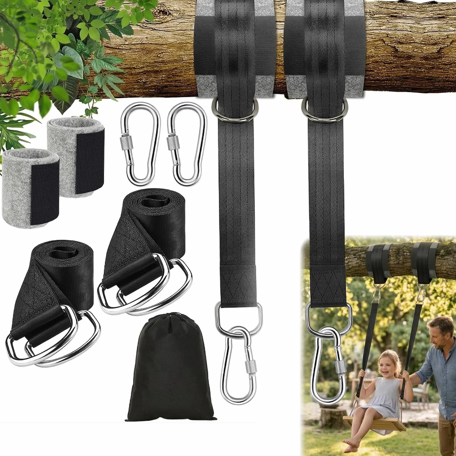 Kit de fixation pour balançoire et hamac 900 kg 2 pièces sangles 150 cm anneaux D mousquetons protections arbres sac rangement