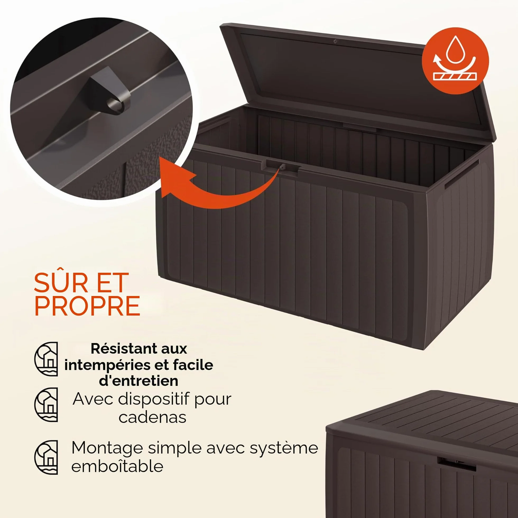 Casaria Coffre de rangement XXL Brun 290L Roulettes Poignées Malle de jardin