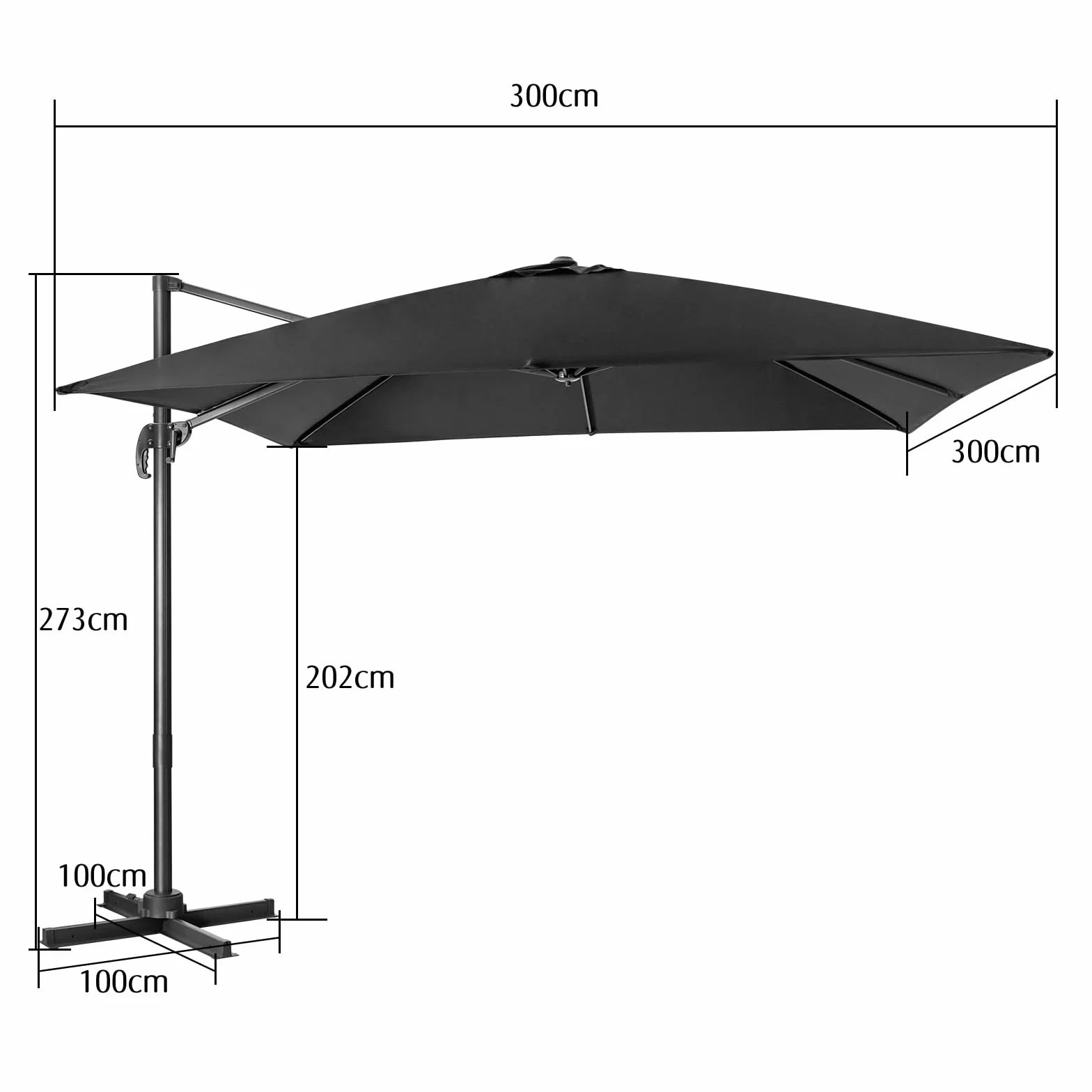 RELAX4LIFE Parasol Déporté Rectangulaire 3x3M Inclinable Rotative 360° Pédale Polyester Anti-UV Jardin Exterieur Noir