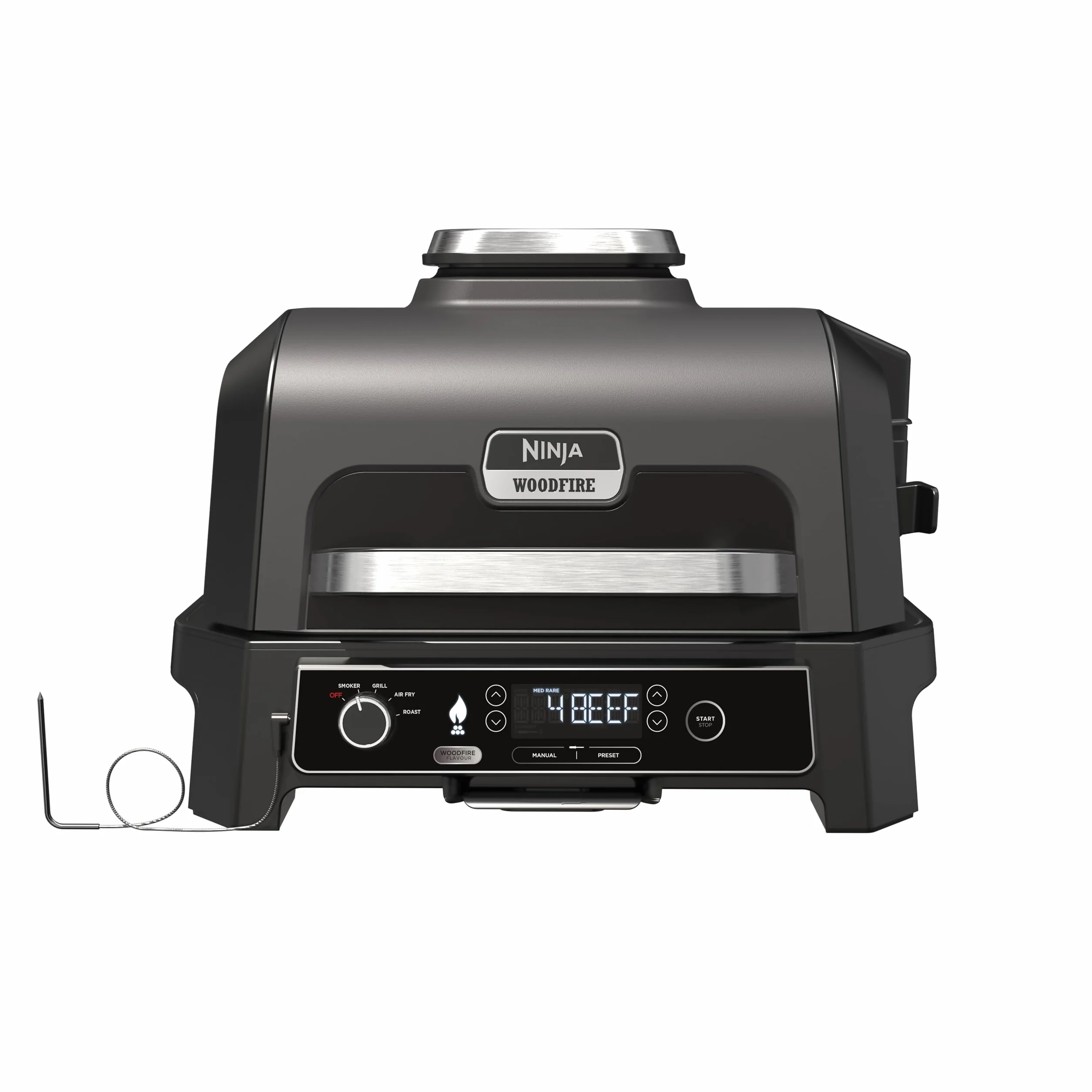 Ninja Woodfire Barbecue électrique et fumoir Pro XL 4-en-1 avec thermomètre, Air fryer d'extérieur, Smart Cook, granulés Woodfire, portatif, gris/noir OG850EU