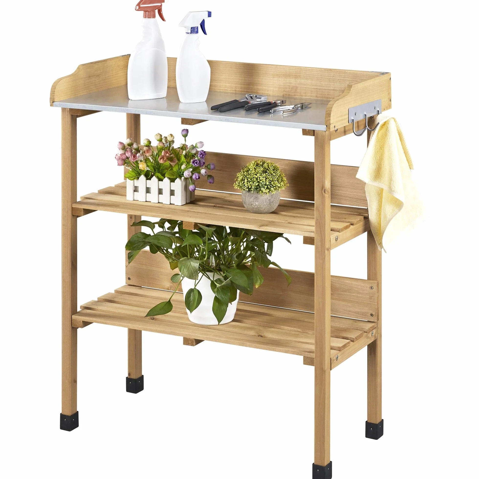 Yaheetech Table de Rempotage Extérieure en Bois Sapin avec Étagère de Rangement 3 Crochets